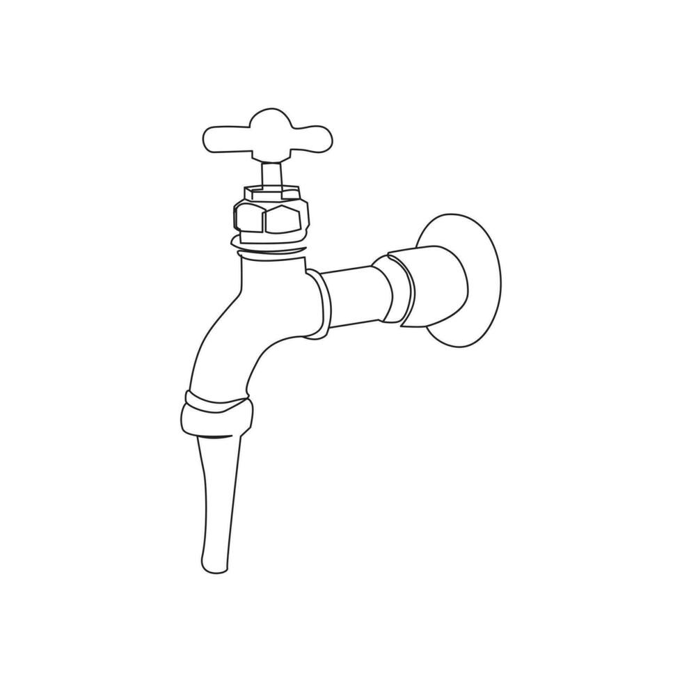 faucet drop of water in continuous line art drawing style. Mixer tap with water drop black linear sketch isolated on white background. Vector illustration