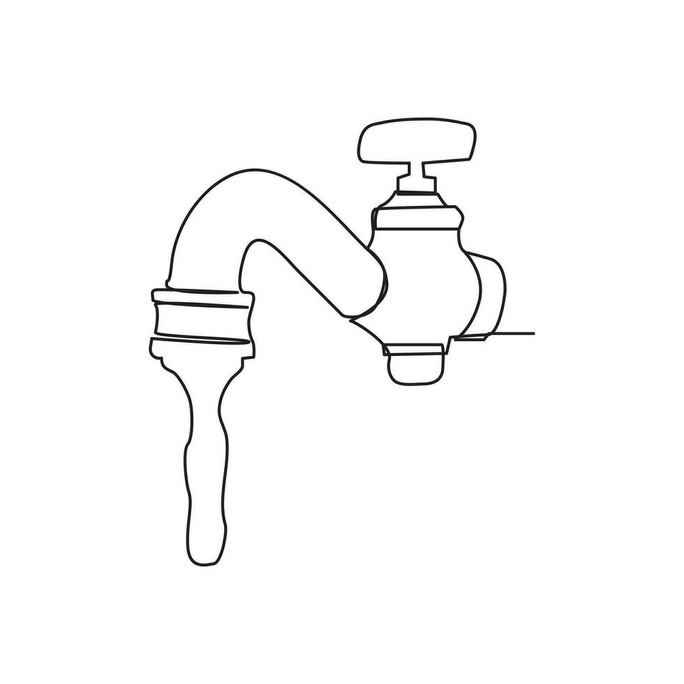 faucet drop of water in continuous line art drawing style. Mixer tap with water drop black linear sketch isolated on white background. Vector illustration