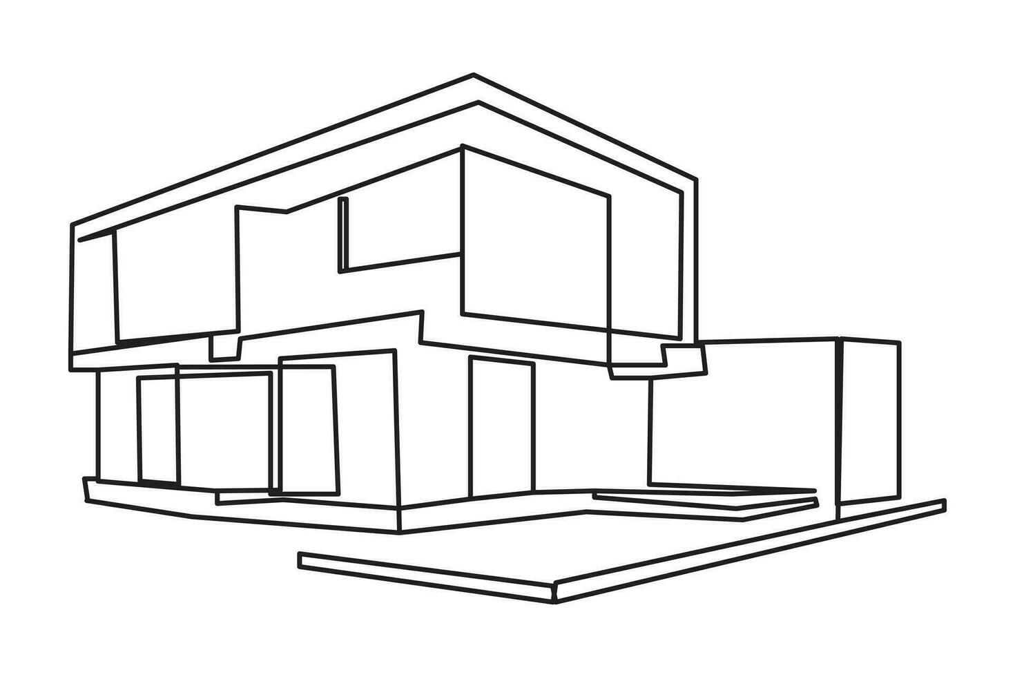 modern house One continuous line drawing. Flat roof house or commercial building. isolated on white background. Vector illustration