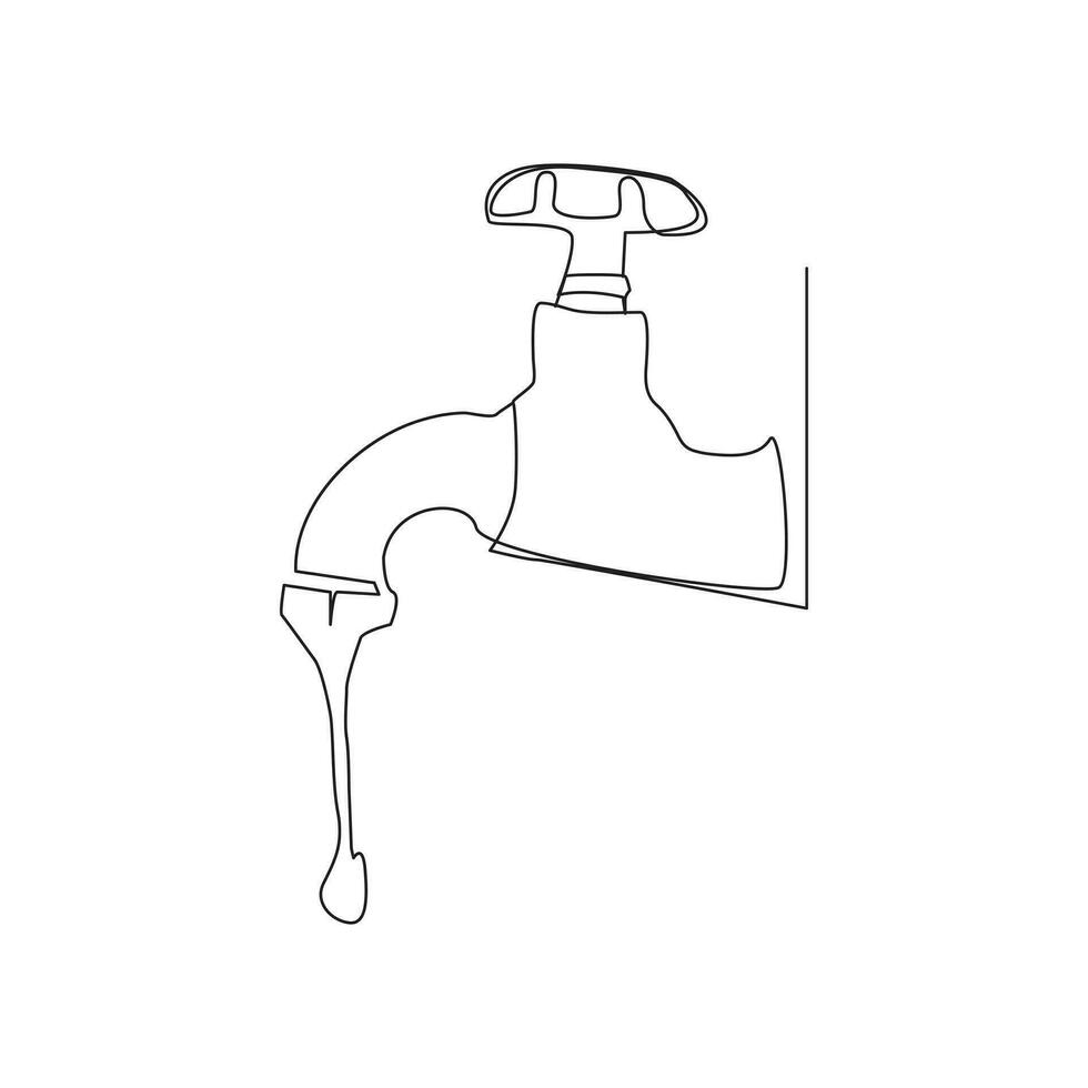 faucet drop of water in continuous line art drawing style. Mixer tap with water drop black linear sketch isolated on white background. Vector illustration