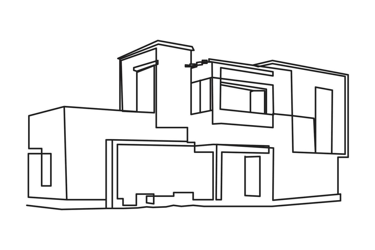 modern house One continuous line drawing. Flat roof house or commercial building. isolated on white background. Vector illustration