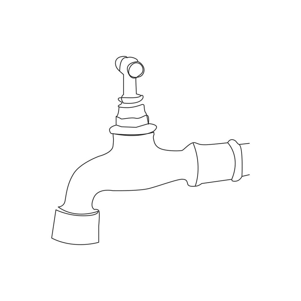 faucet drop of water in continuous line art drawing style. Mixer tap with water drop black linear sketch isolated on white background. Vector illustration