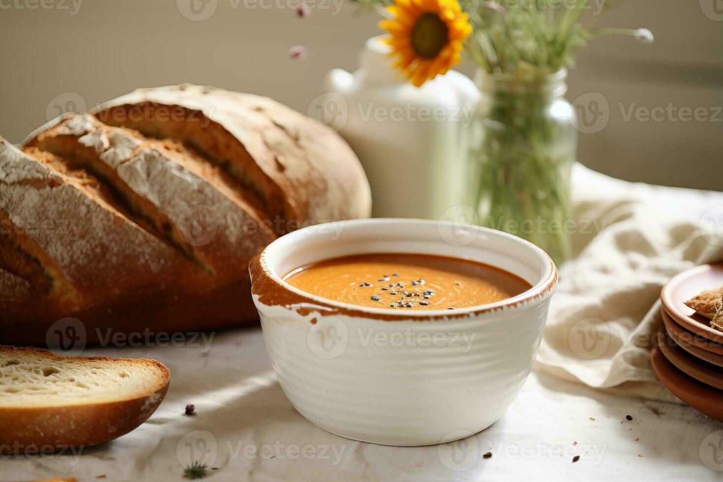 AI generated Creamy Soup and Artisan Bread photo