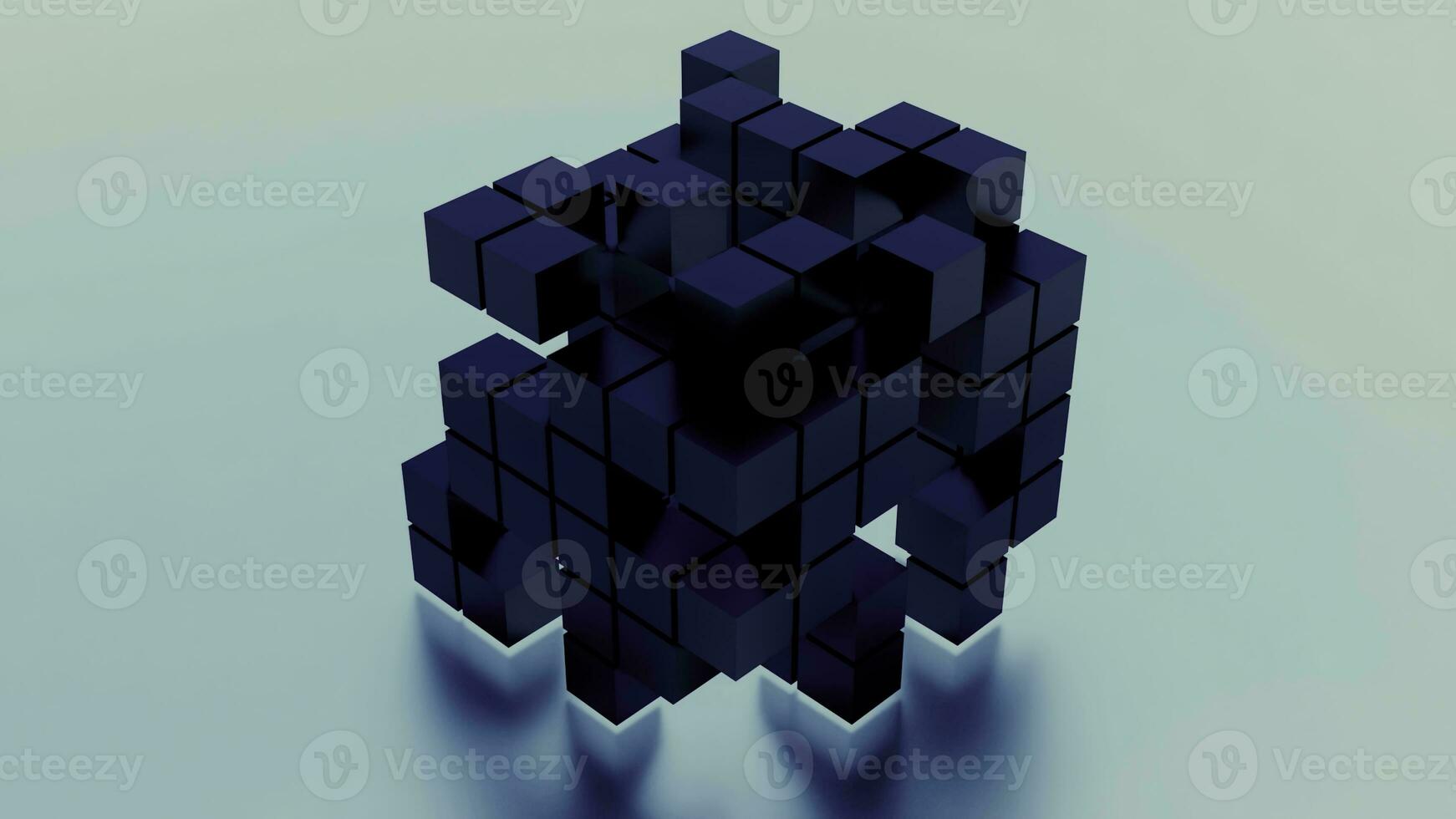 Blue self-disassembling Rubik's cube. Design.A blue background in animation with a few squares that spread out and assemble like a rubik's cube. photo