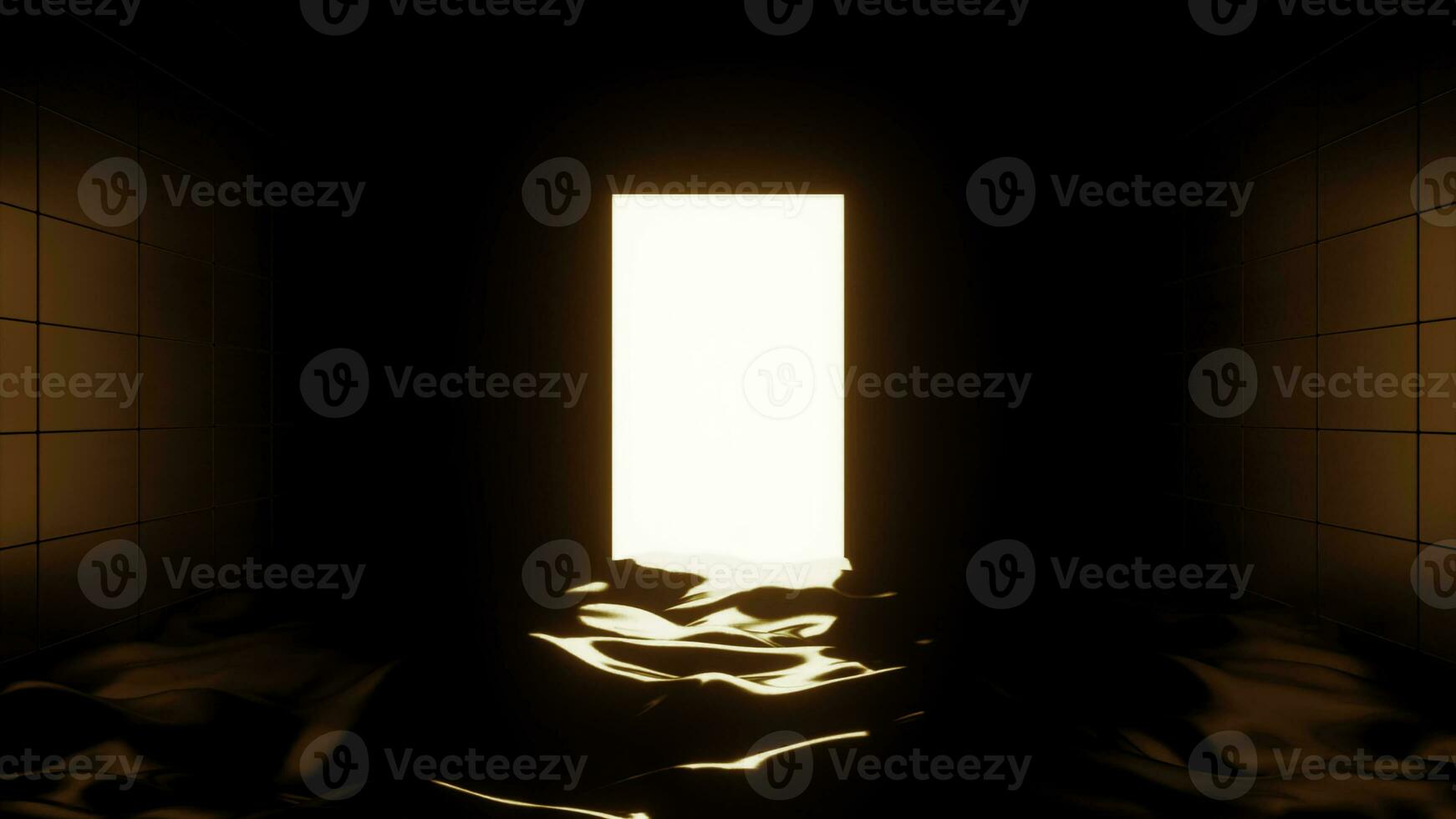 The basement is filled with water with a bright window. Design. Blue and orange illumination with a black room and water and a light empty space made in abstraction. photo