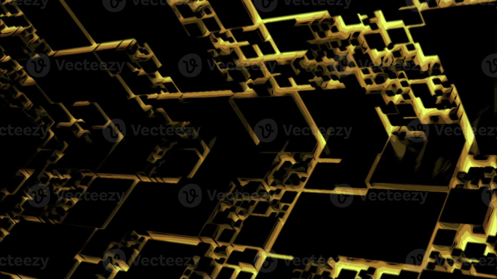 Moving space with cyber square pattern. Design. Neon pattern with squares in moving tunnel on black background. Square neon pattern with black tunnel photo