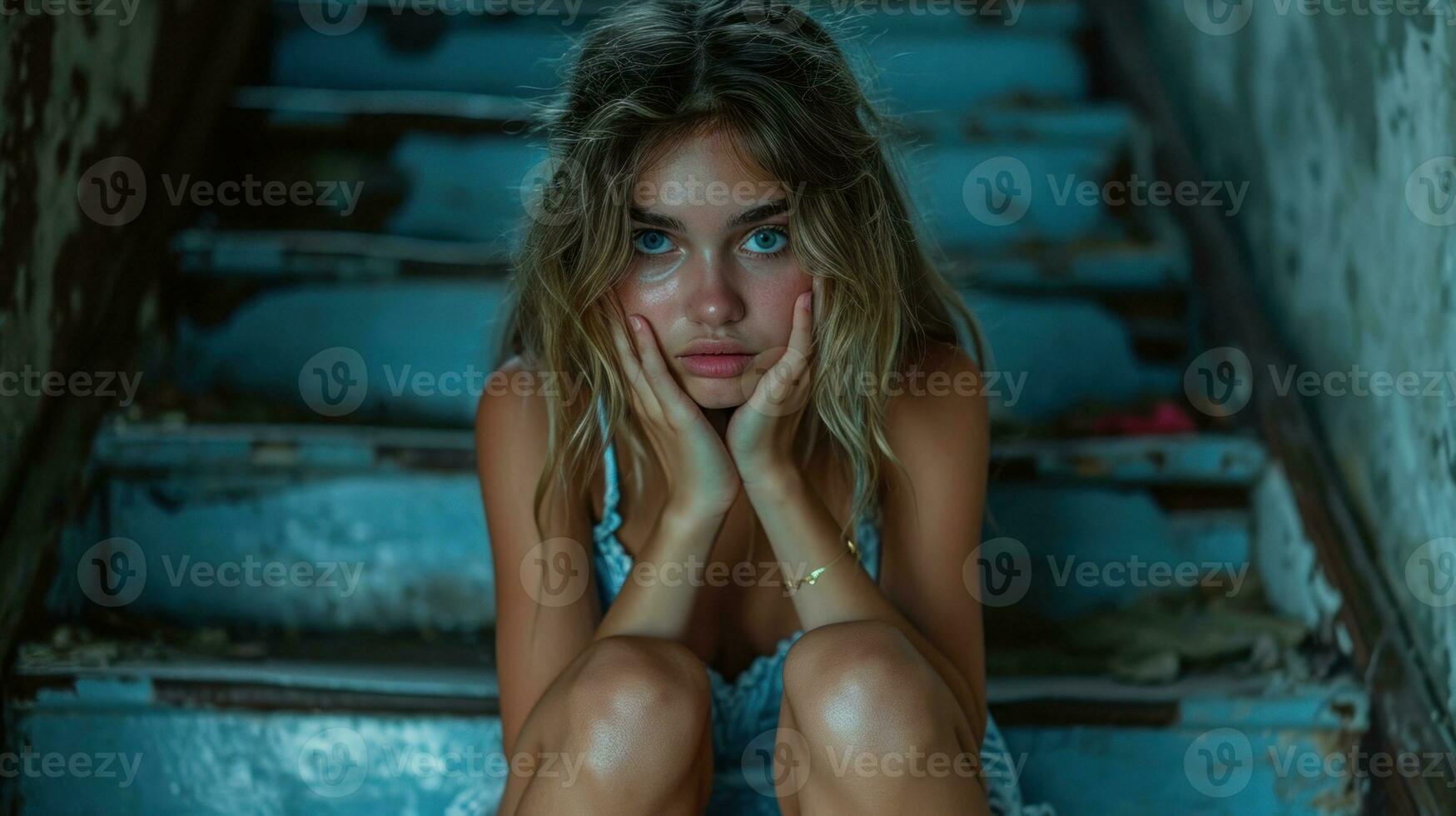 AI generated Portrait of a depressed young woman with blue eyes in the abandoned building. photo