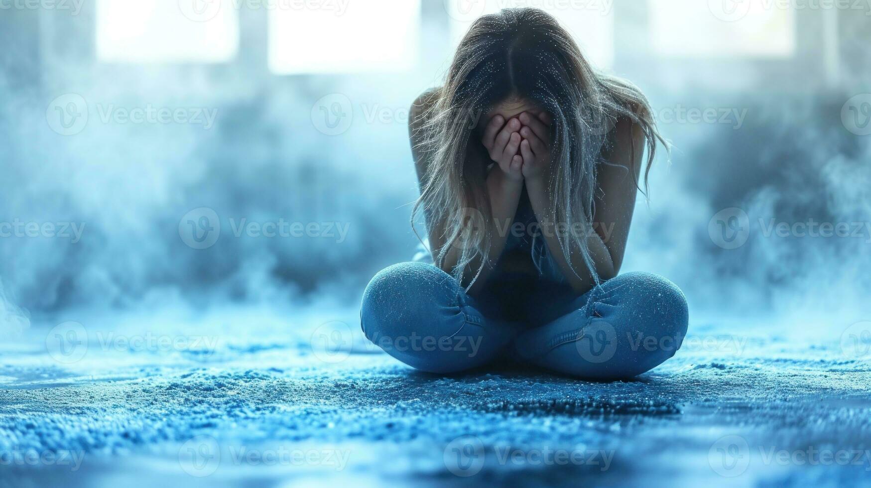 AI generated Sad woman sitting on the floor in the room. Depression concept. photo