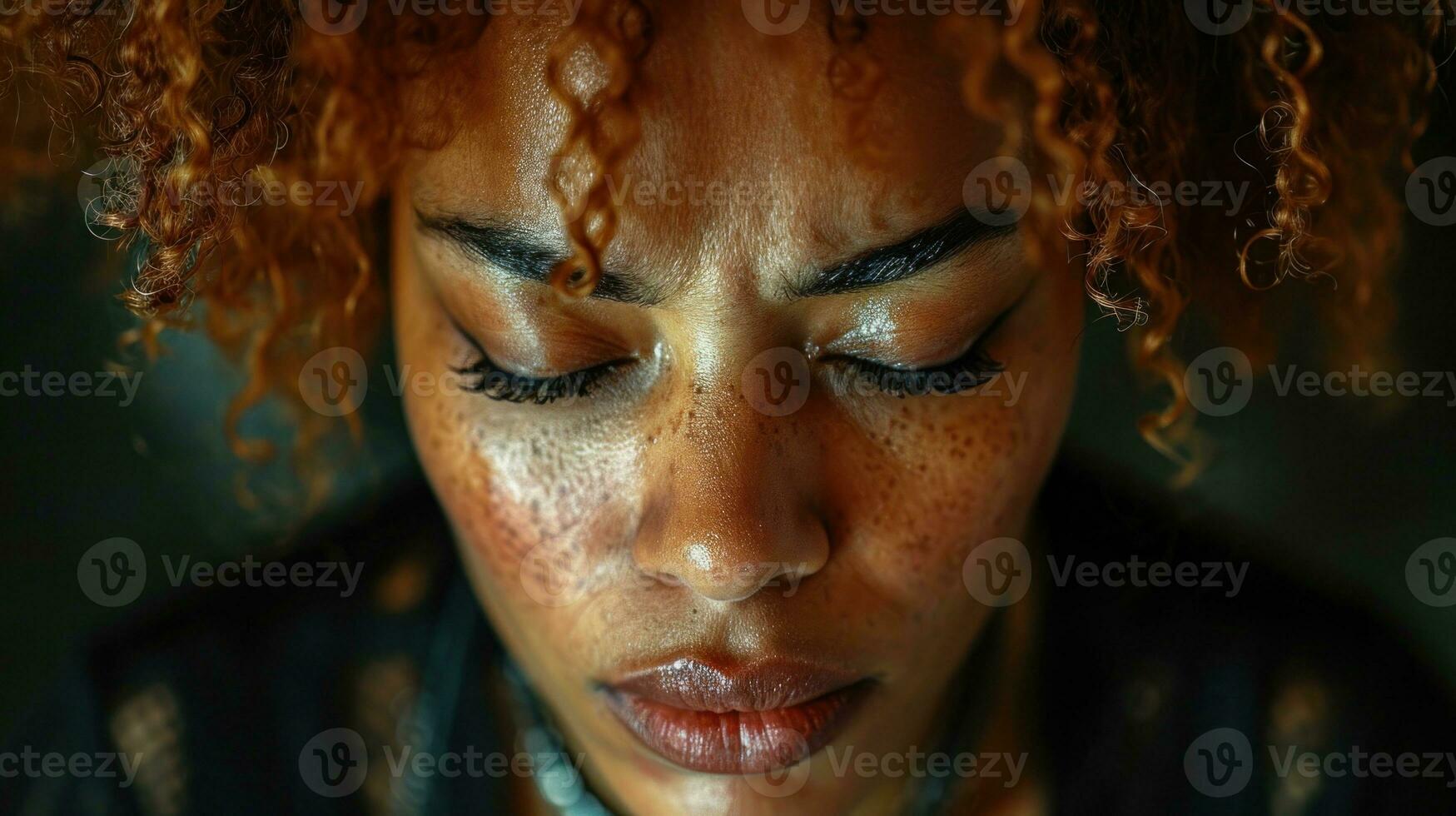 ai generado cerca arriba retrato de triste africano americano mujer con cerrado ojos foto