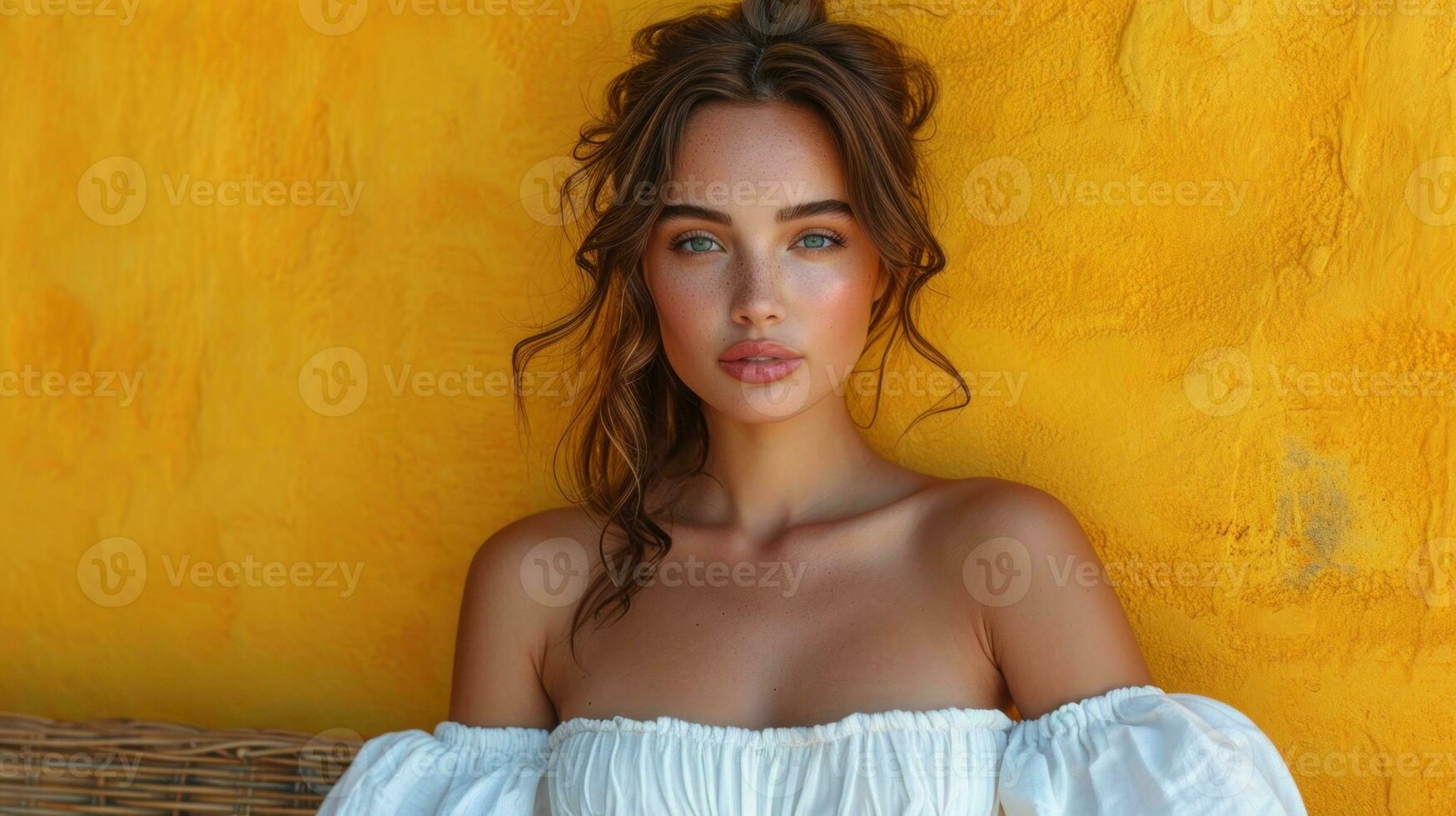 ai generado retrato de un hermosa niña en un blanco vestir en un amarillo antecedentes foto