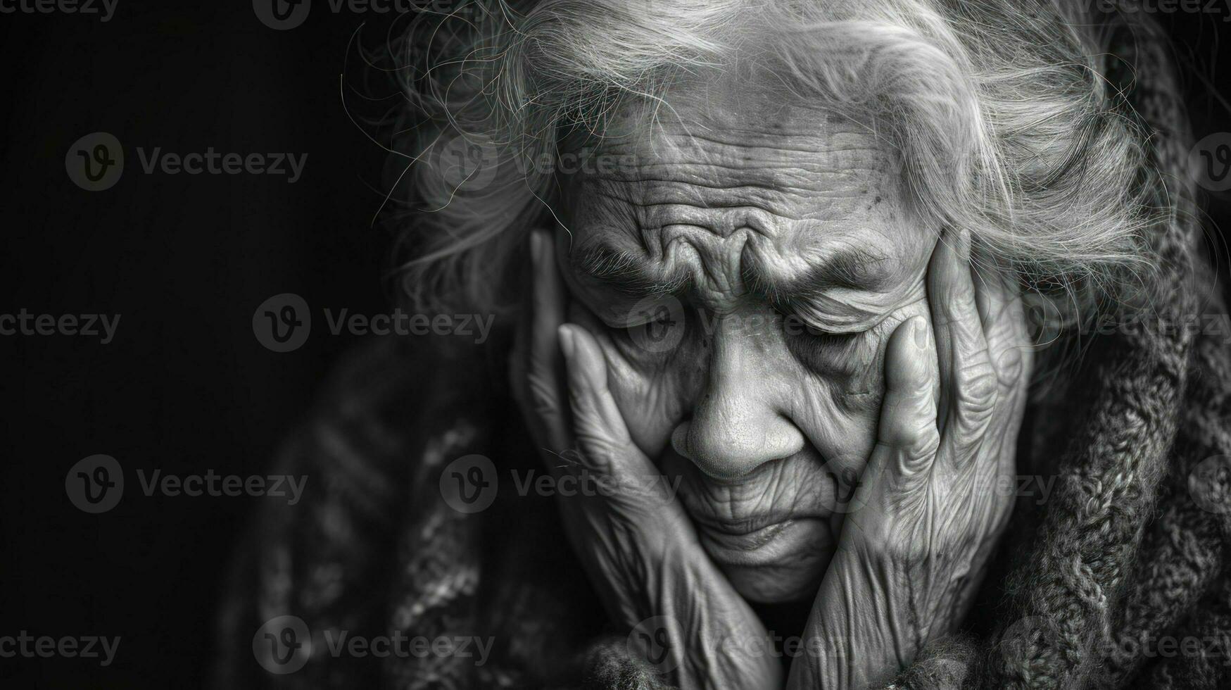 AI generated Senior woman with a headache, feeling pain and with an expression of being unwell. Black and white. photo