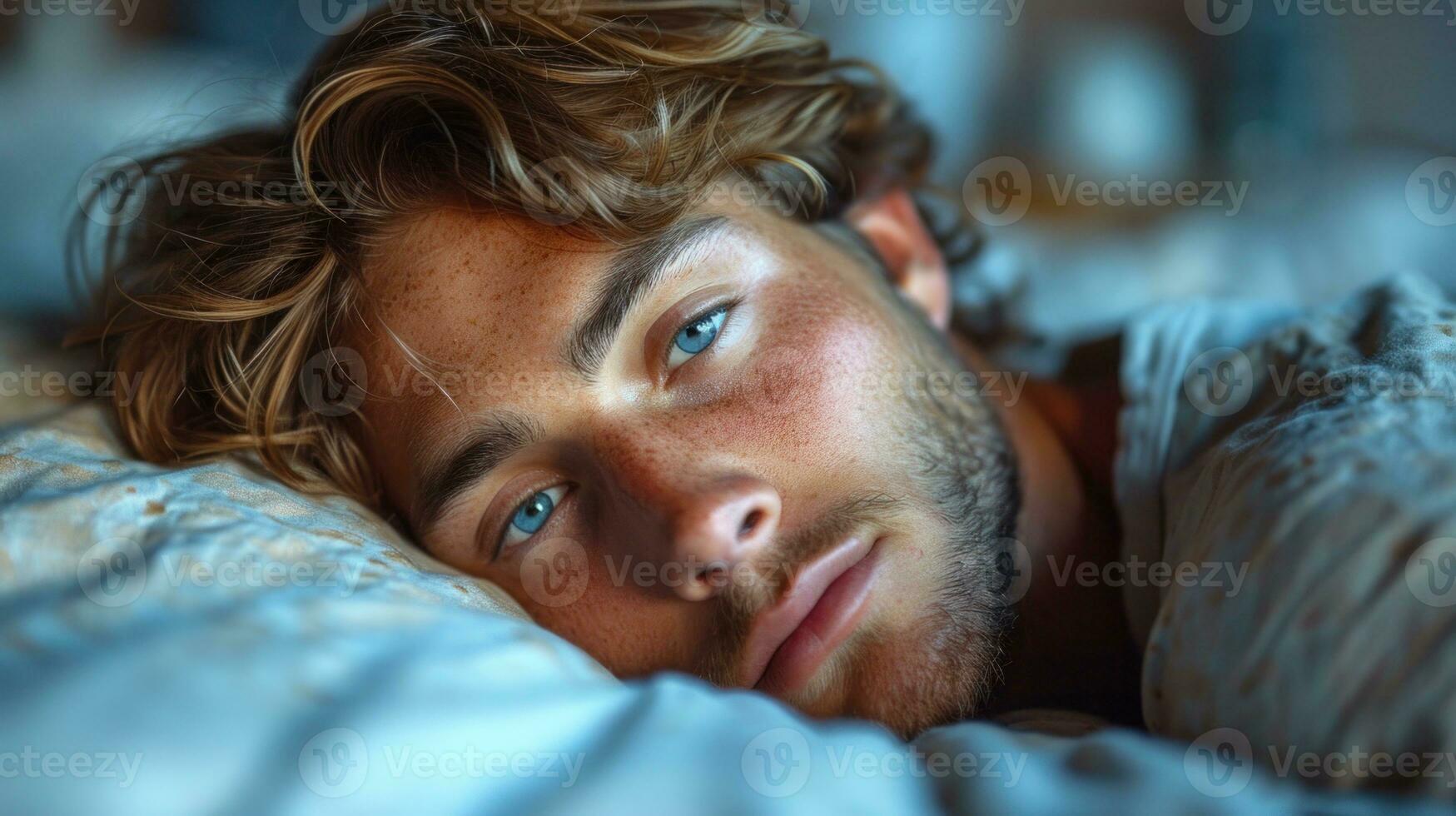 AI generated Peaceful young man sleeping in a comfortable bed alone at home, enjoying his orthopedic mattress. photo