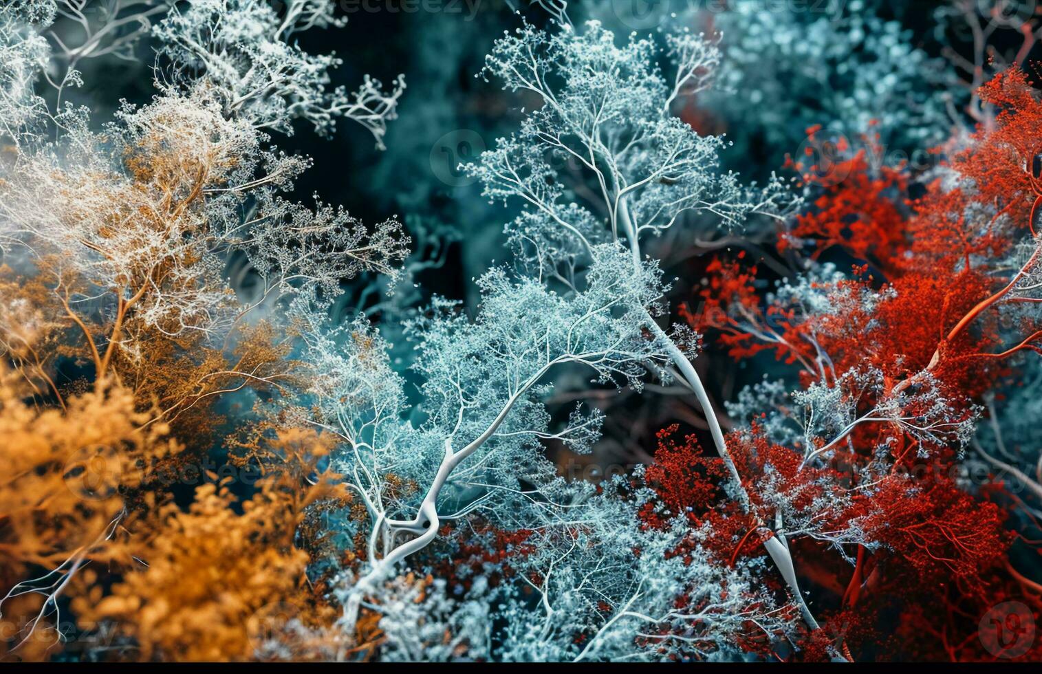 AI generated Abstract Image of Colored Branches, Intricately Mapped Worlds, Dark Azure and Red photo