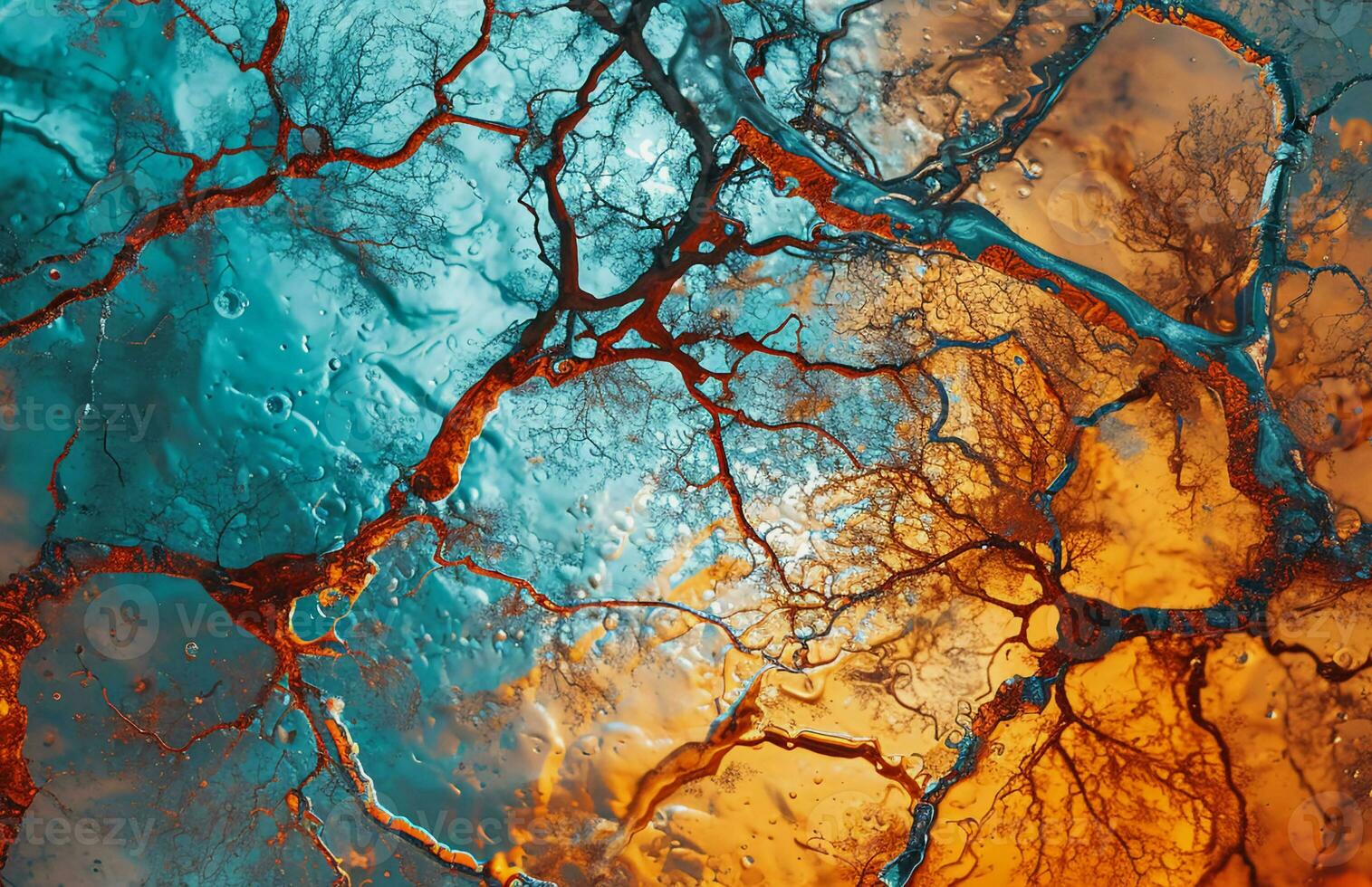 AI generated Abstract Image of Colored Branches, Intricately Mapped Worlds, Dark Azure and Red photo