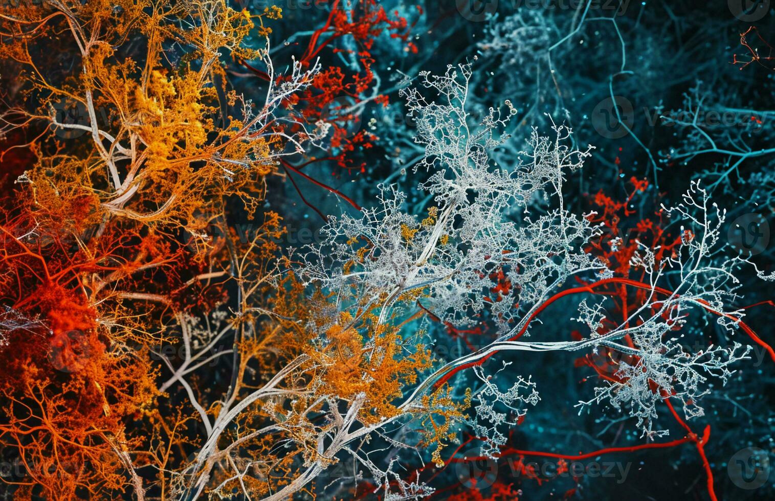 AI generated Abstract Image of Colored Branches, Intricately Mapped Worlds, Dark Azure and Red photo