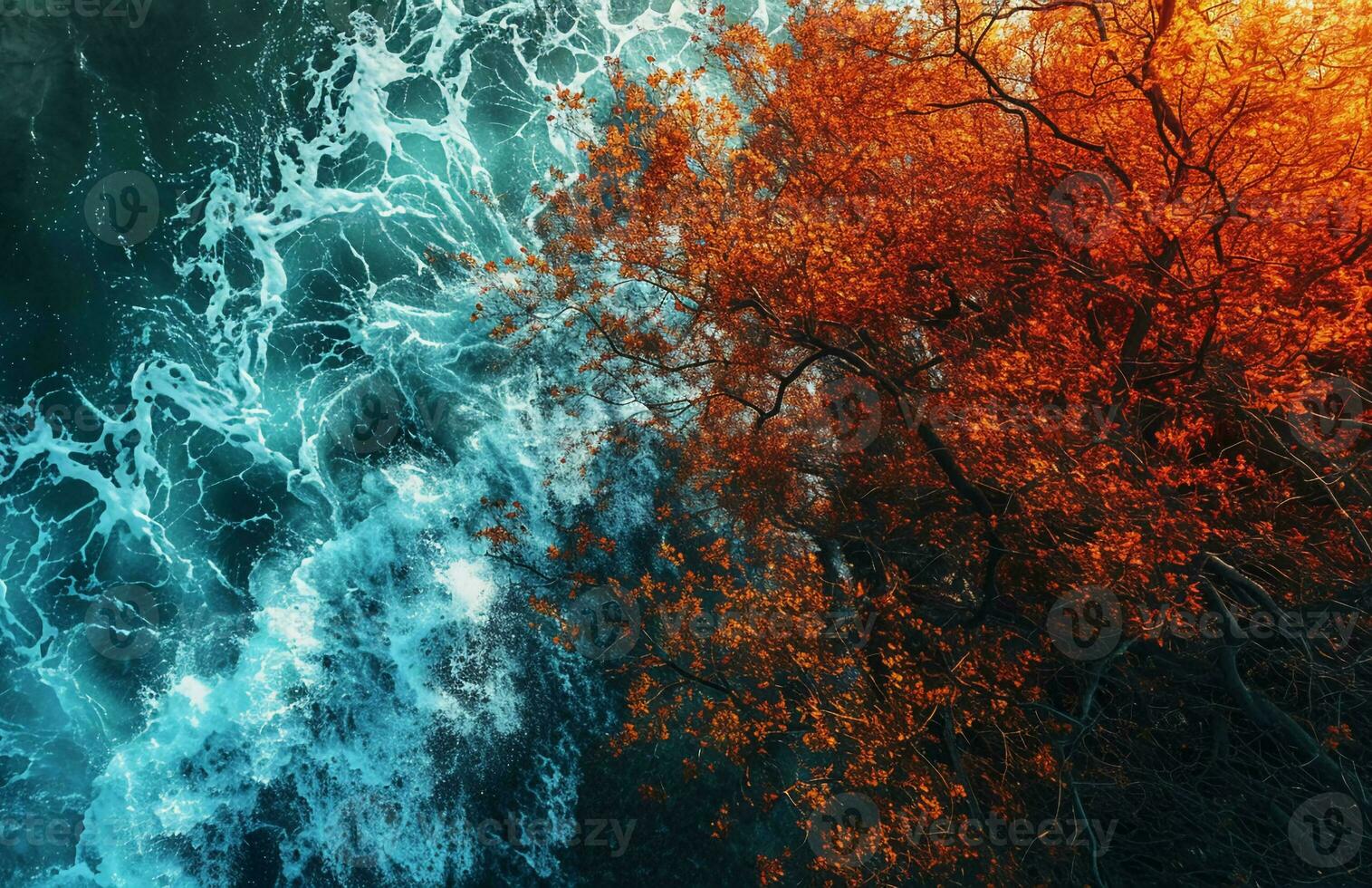 AI generated Abstract Image of Colored Branches, Intricately Mapped Worlds, Dark Azure and Red photo