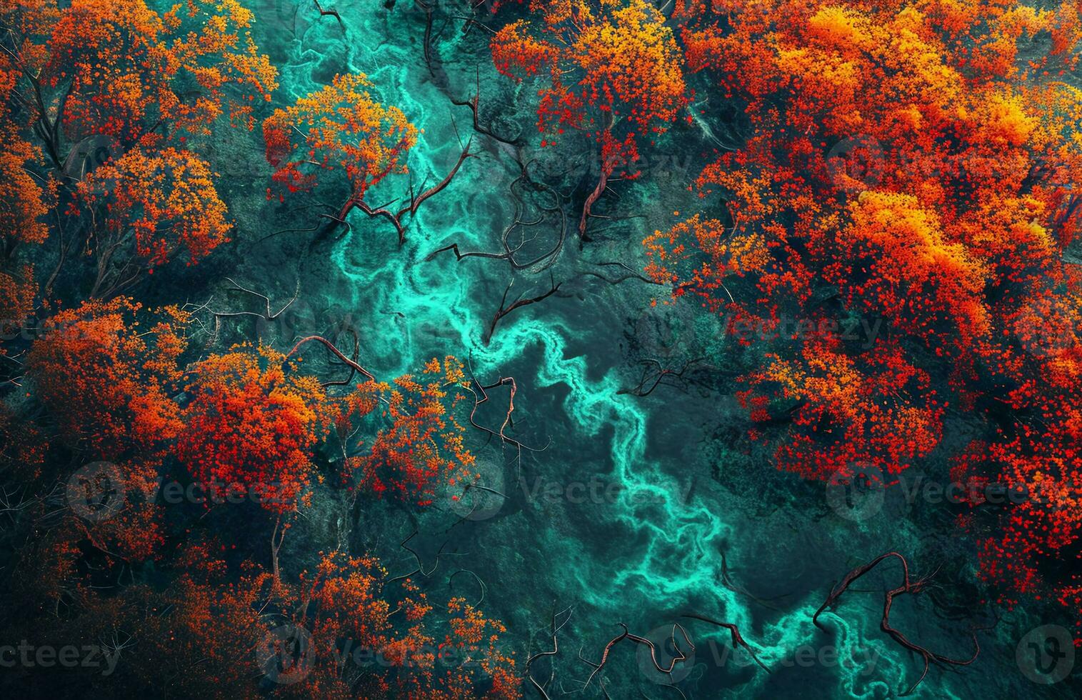 AI generated Abstract Image of Colored Branches, Intricately Mapped Worlds, Dark Azure and Red photo