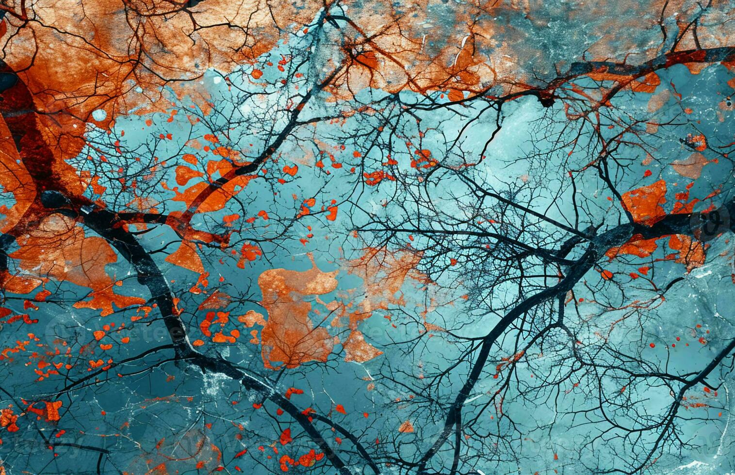 AI generated Abstract Image of Colored Branches, Intricately Mapped Worlds, Dark Azure and Red photo