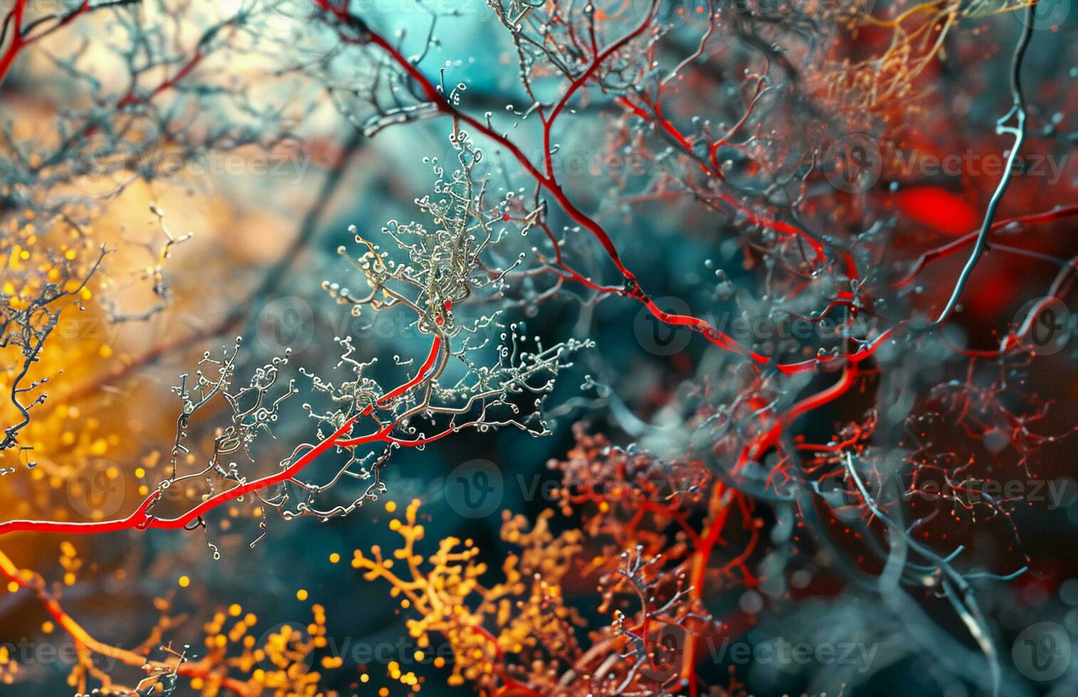 AI generated Abstract Image of Colored Branches, Intricately Mapped Worlds, Dark Azure and Red photo