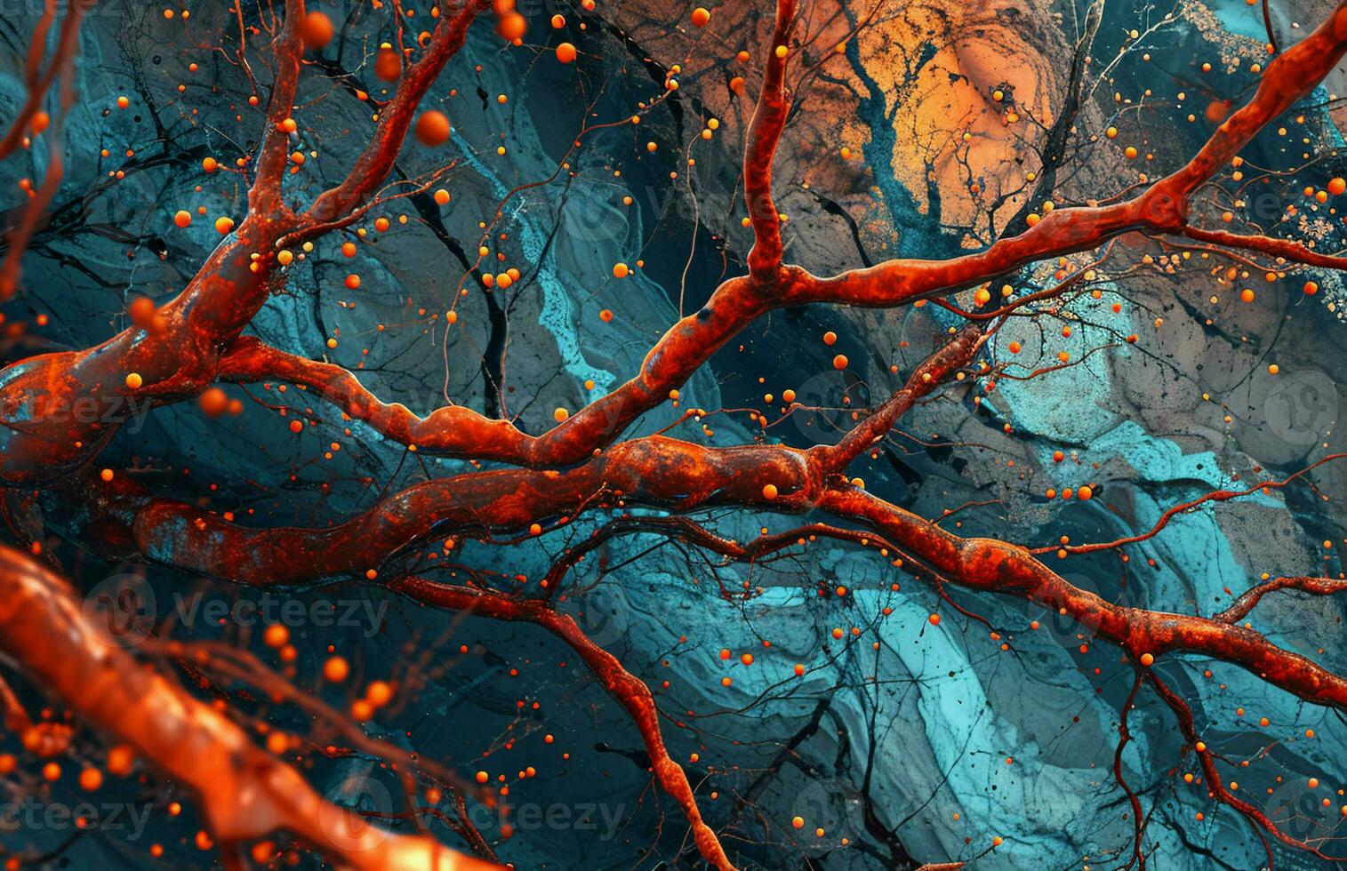 AI generated Abstract Image of Colored Branches, Intricately Mapped Worlds, Dark Azure and Red photo