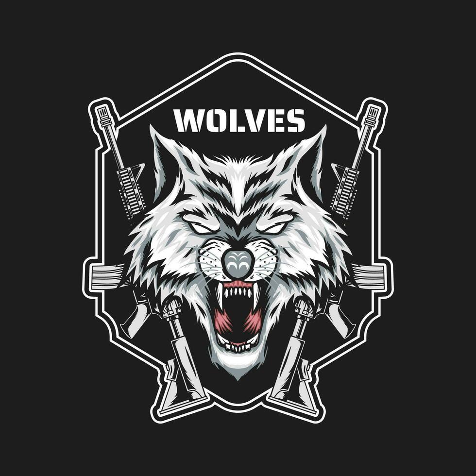 militar Insignia diseño con lobo mascota vector