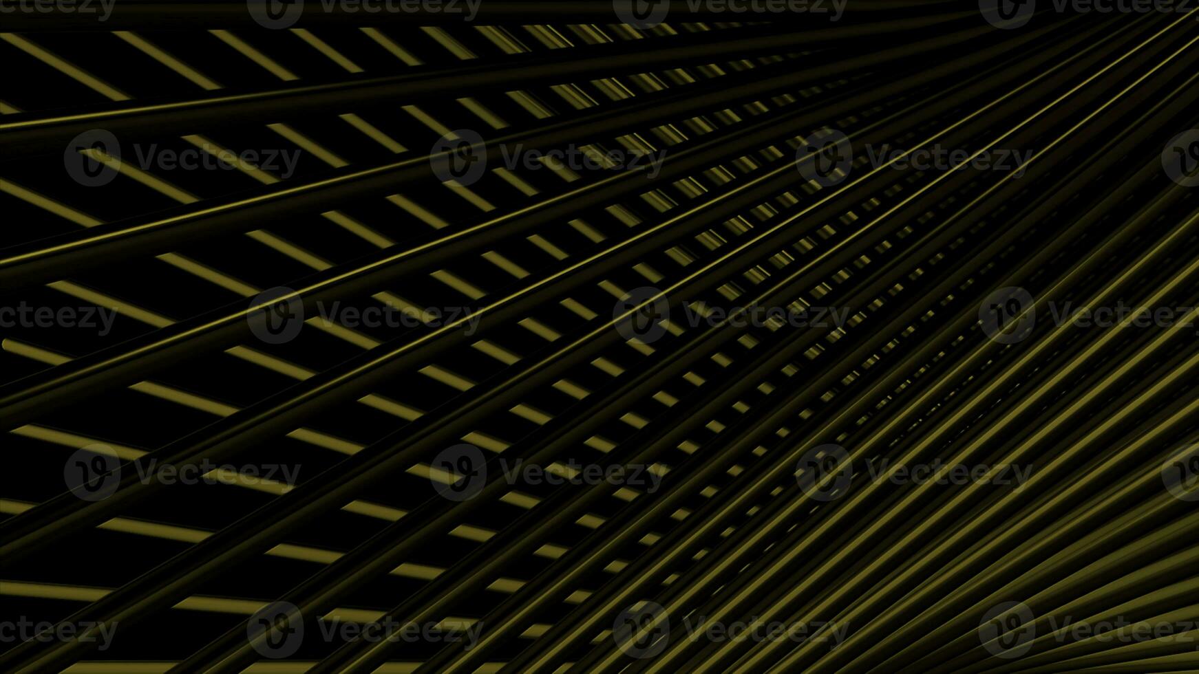 Crossed abstract golden metal 3D stripes flowing on a black background. Motion. Optical illusion with metal grid material. photo