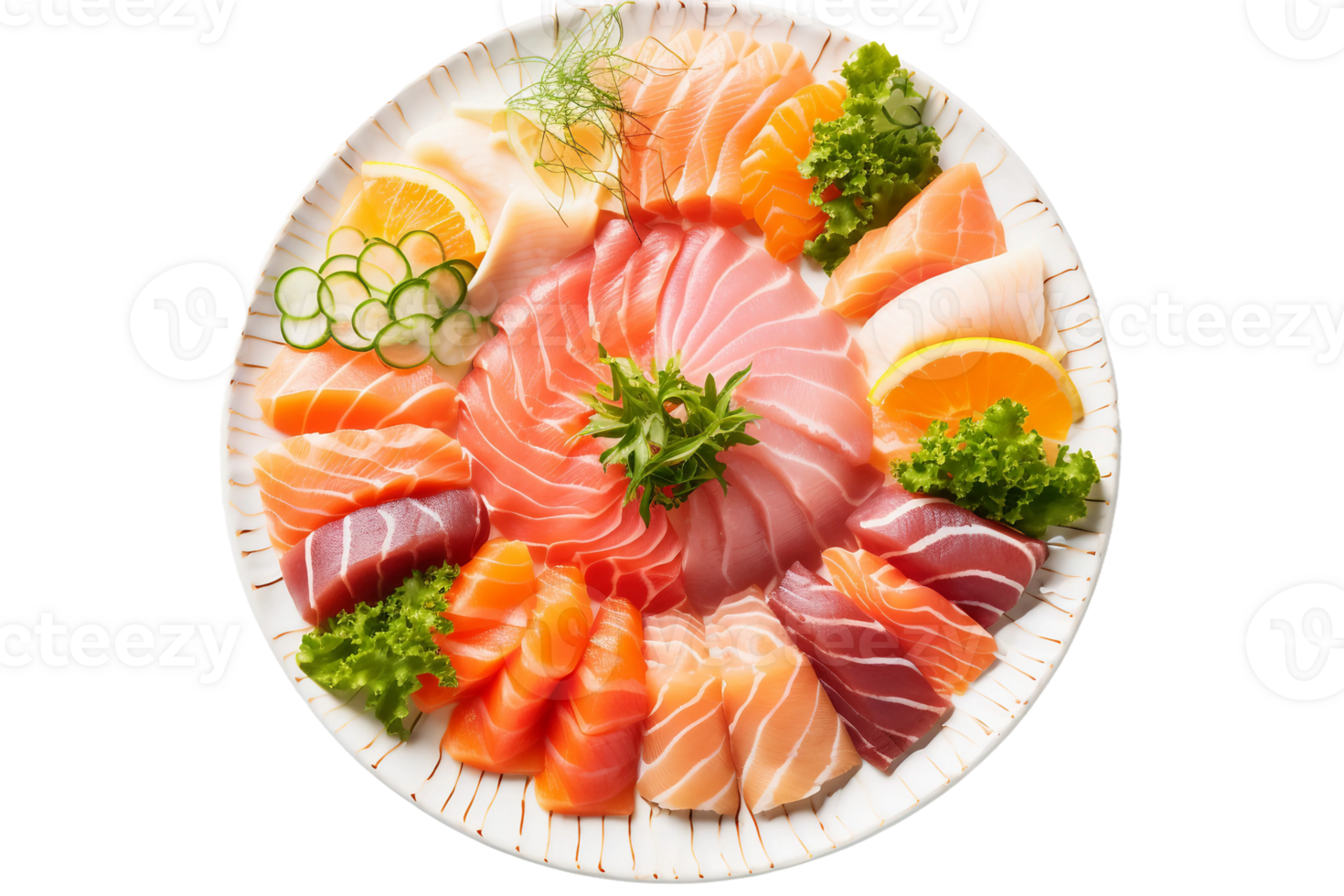 ai generado sashimi plato con un variedad de crudo pescado en transparente antecedentes. png