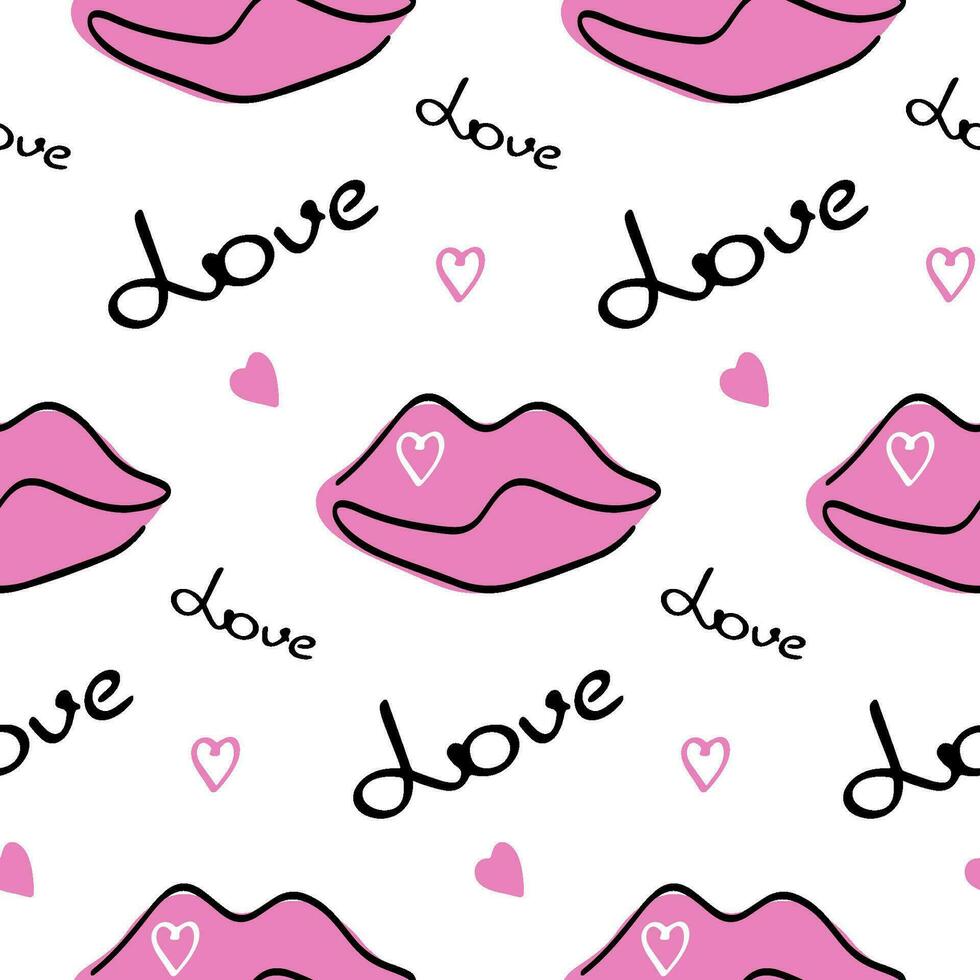 Stylish graphic seamless pattern with pink lips, hearts and word love.Background, wrapping paper vector