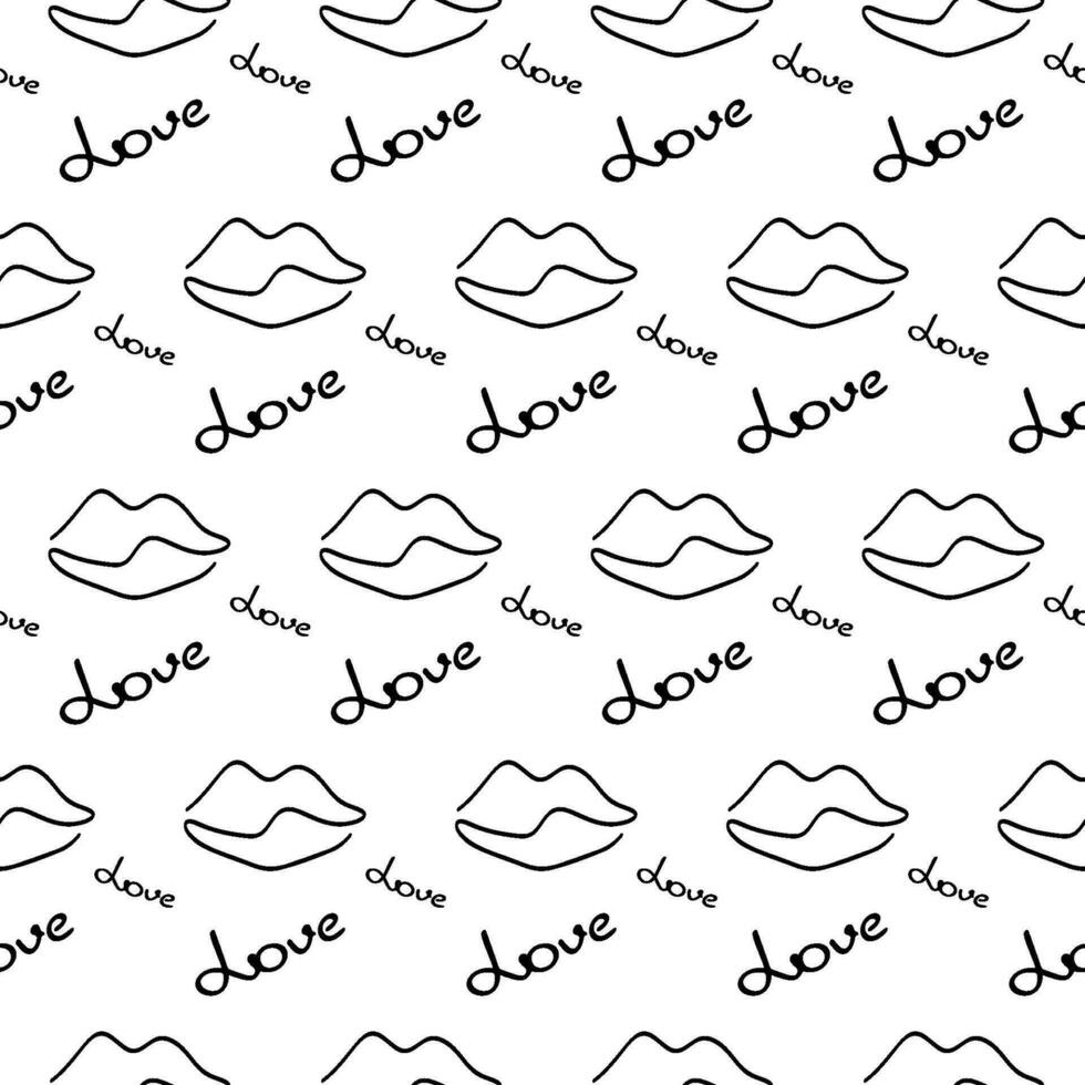 Stylish graphic seamless pattern with lips, hearts and word love.Background, wrapping paper vector