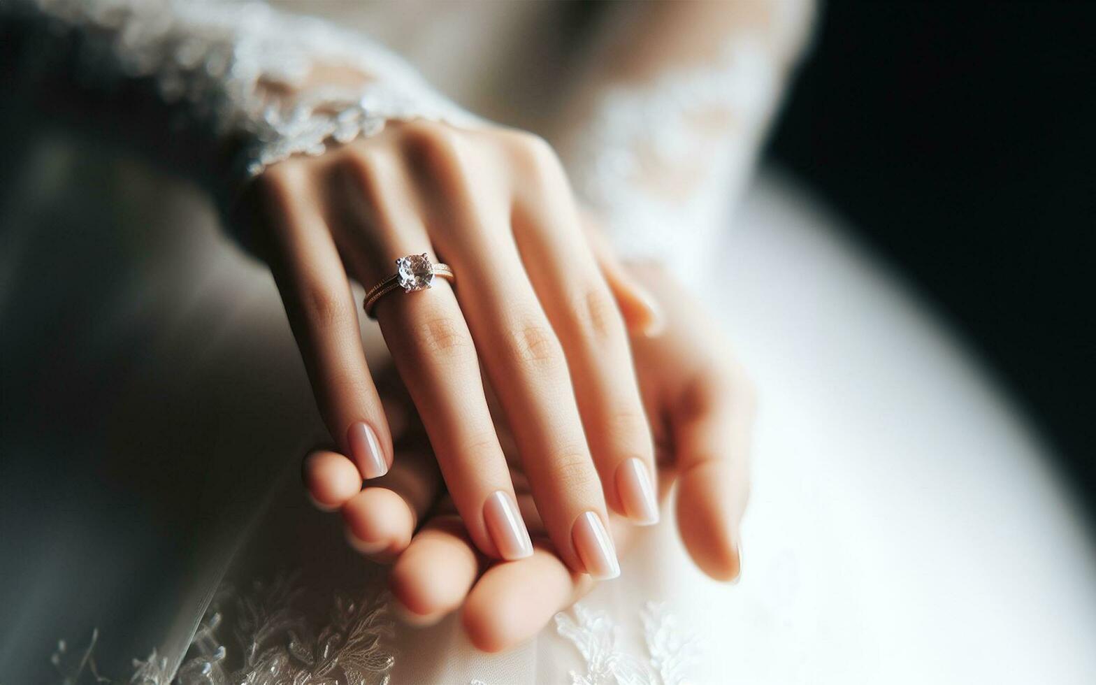 AI generated Close-up of the bride's hands and fingers at the wedding hand and engagement ring Woman wearing a white wedding dress photo