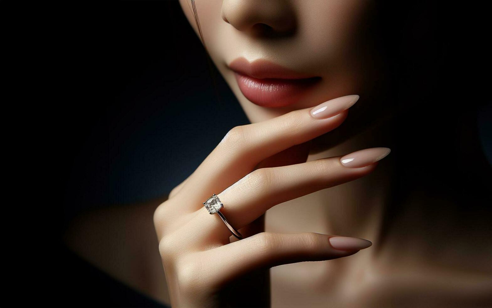 AI generated Diamond ring, wedding ring, white gold, sparkles on a black background photo