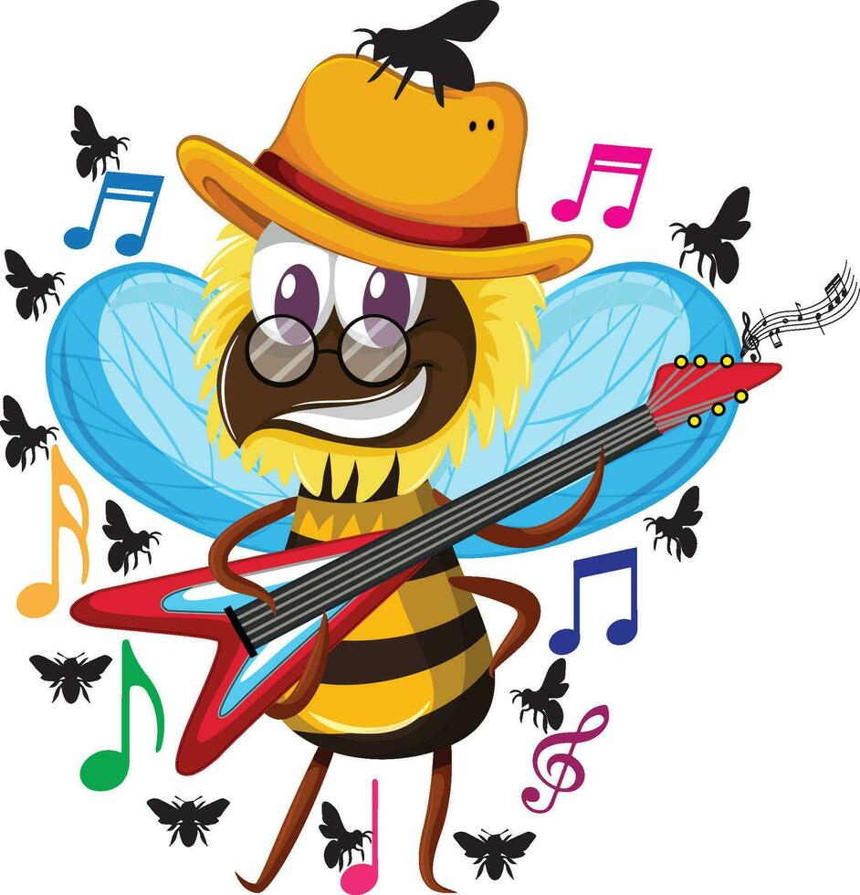 un dibujos animados abeja con un sombrero y lentes jugando un eléctrico guitarra vector