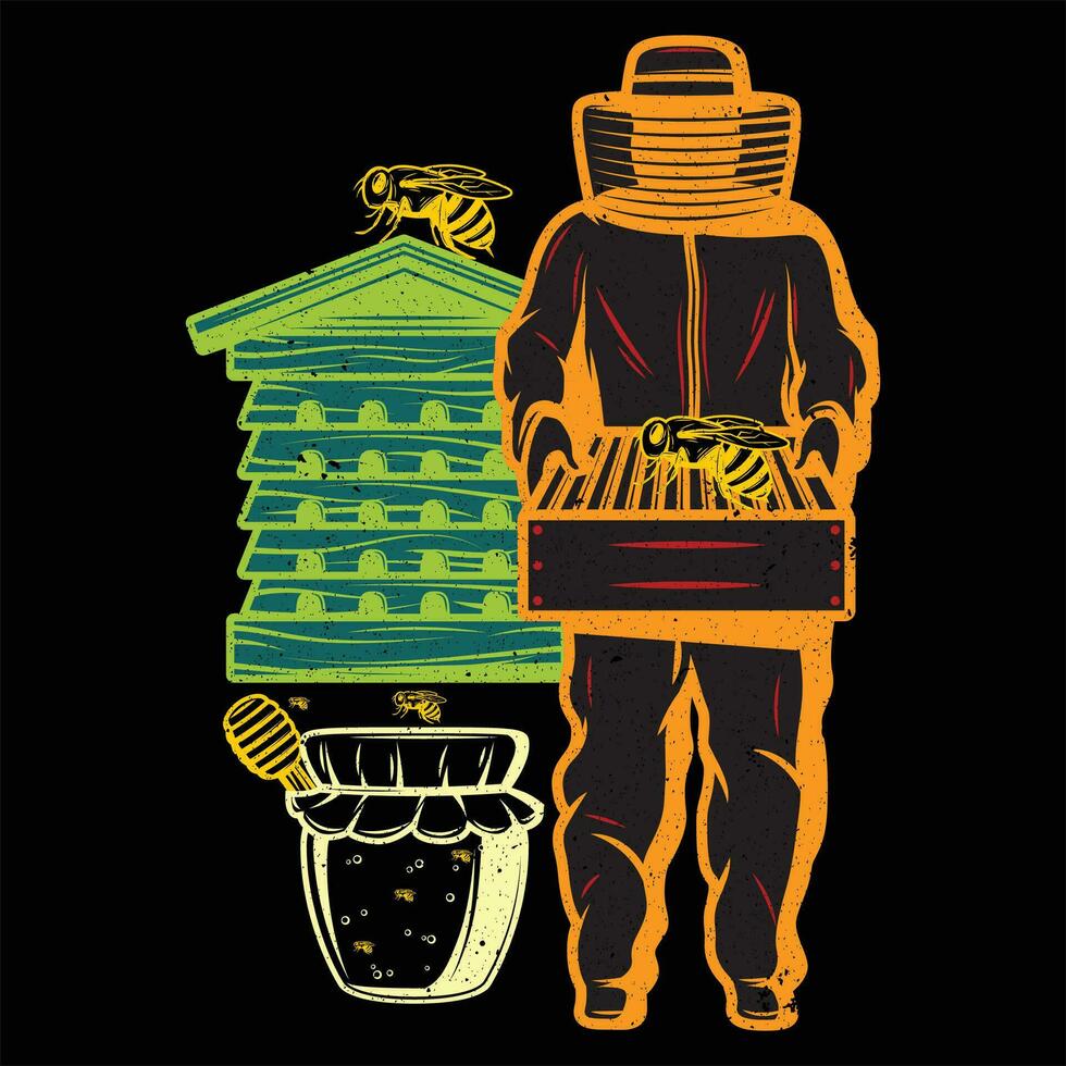 un apicultor con un colmena y un tarro de Miel. vector