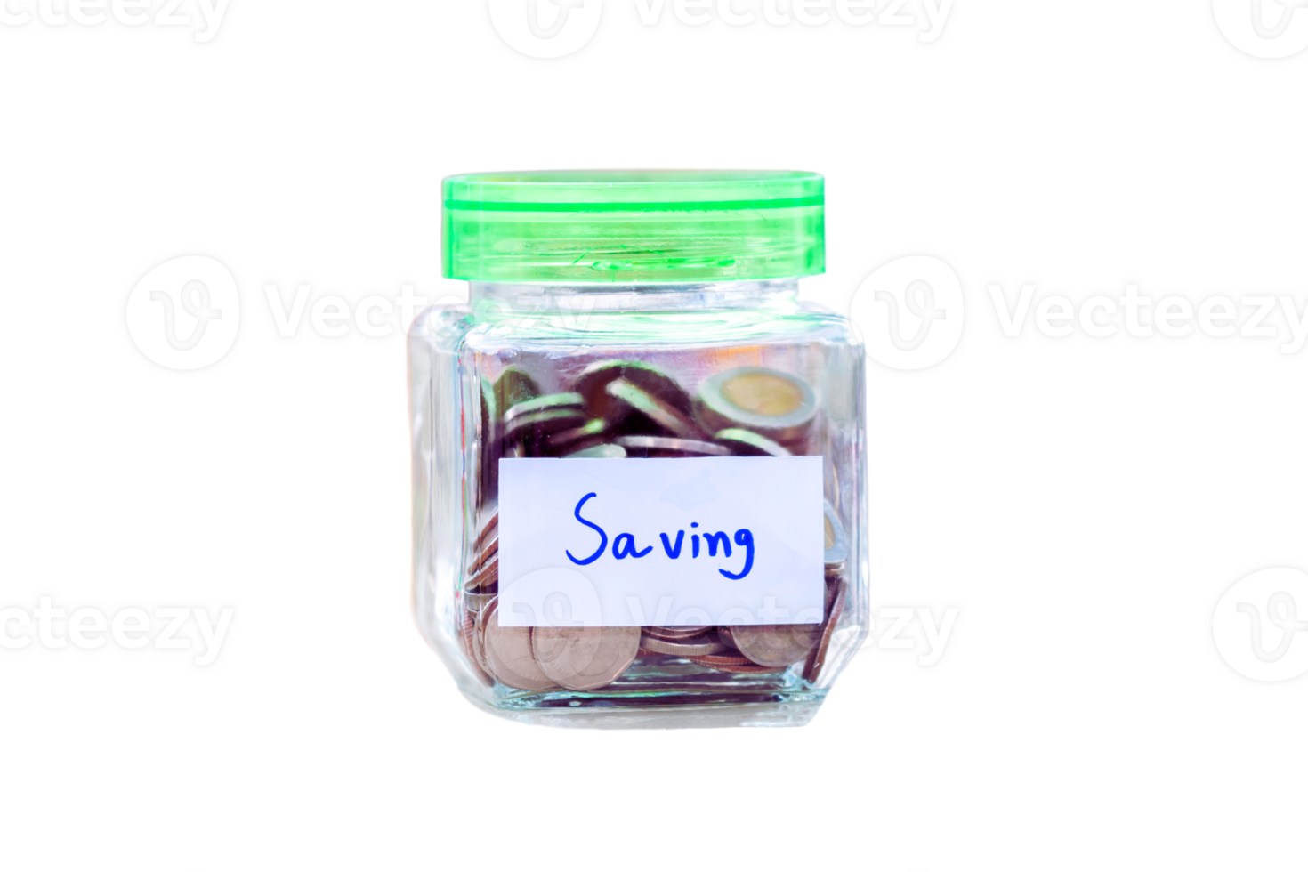 Transparent glass jar with green lid, filled with coins and labeled 'Saving', symbolizing financial responsibility and savings. Money Jar, Put Thai Baht, Savings for the Future. On Isolated Background png