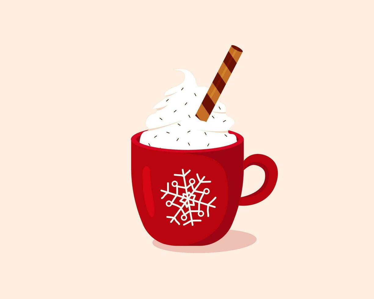 Winter flat christmas cup with cocoa. Red mug with cocoa and whipped cream vector