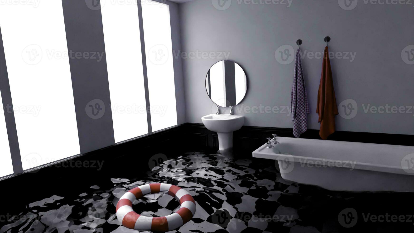 Illustration of a surreal realistic bathroom. Design. Dreaming of flooded bath with water of the floor and a floating lifebuoy. photo