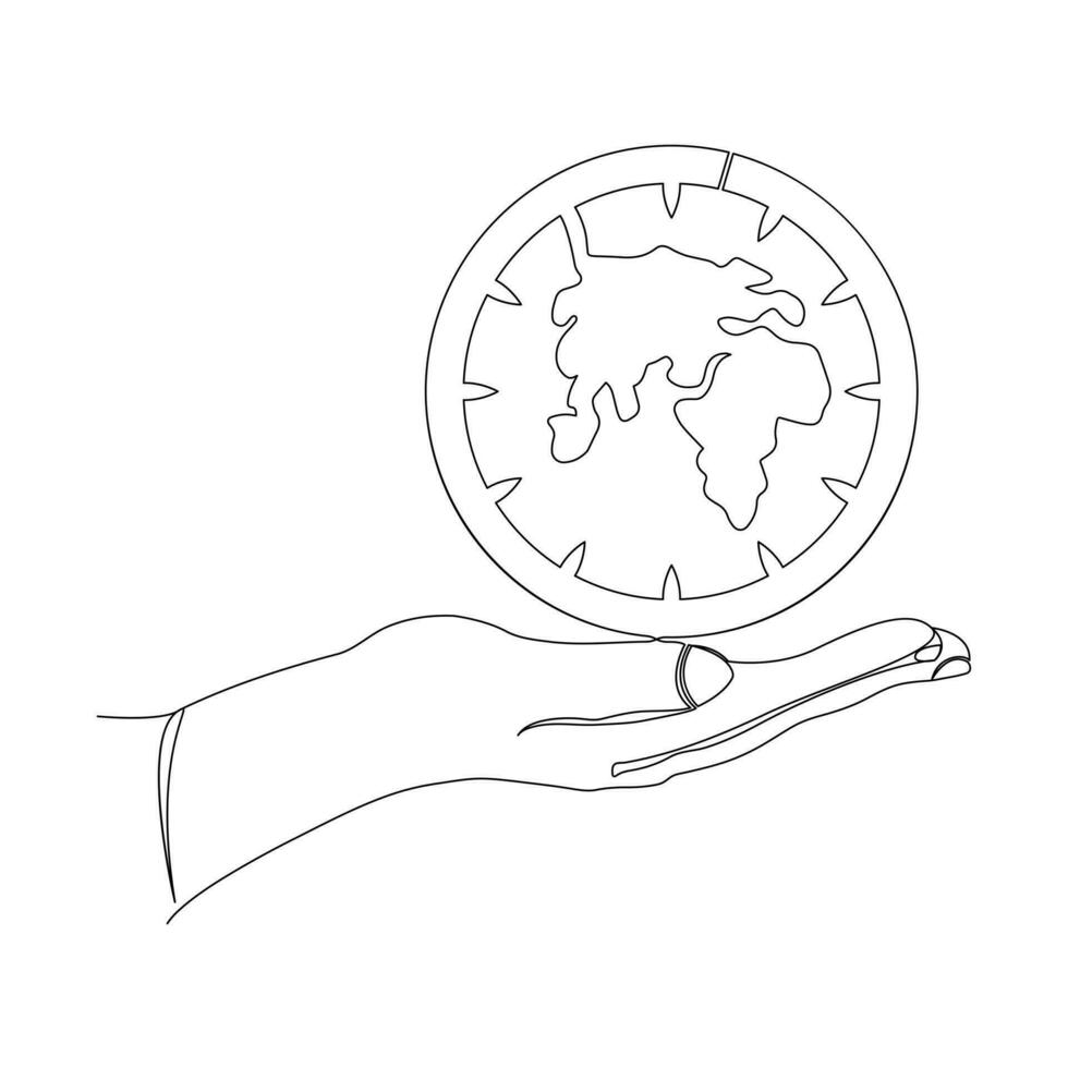 Continuous one line drowing of earth clock and Earth hour concept single line art illustration. vector