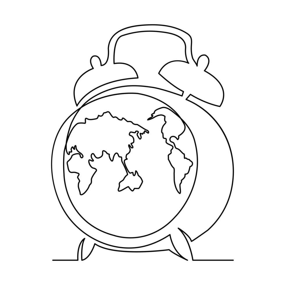 Continuous one line drowing of earth clock and Earth hour concept single line art illustration. vector