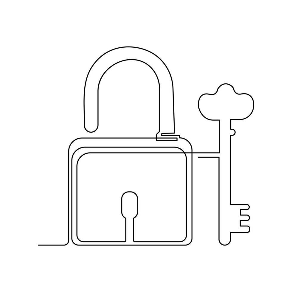Continuous one line drawing of padlock and key security sign symbol vector illustration