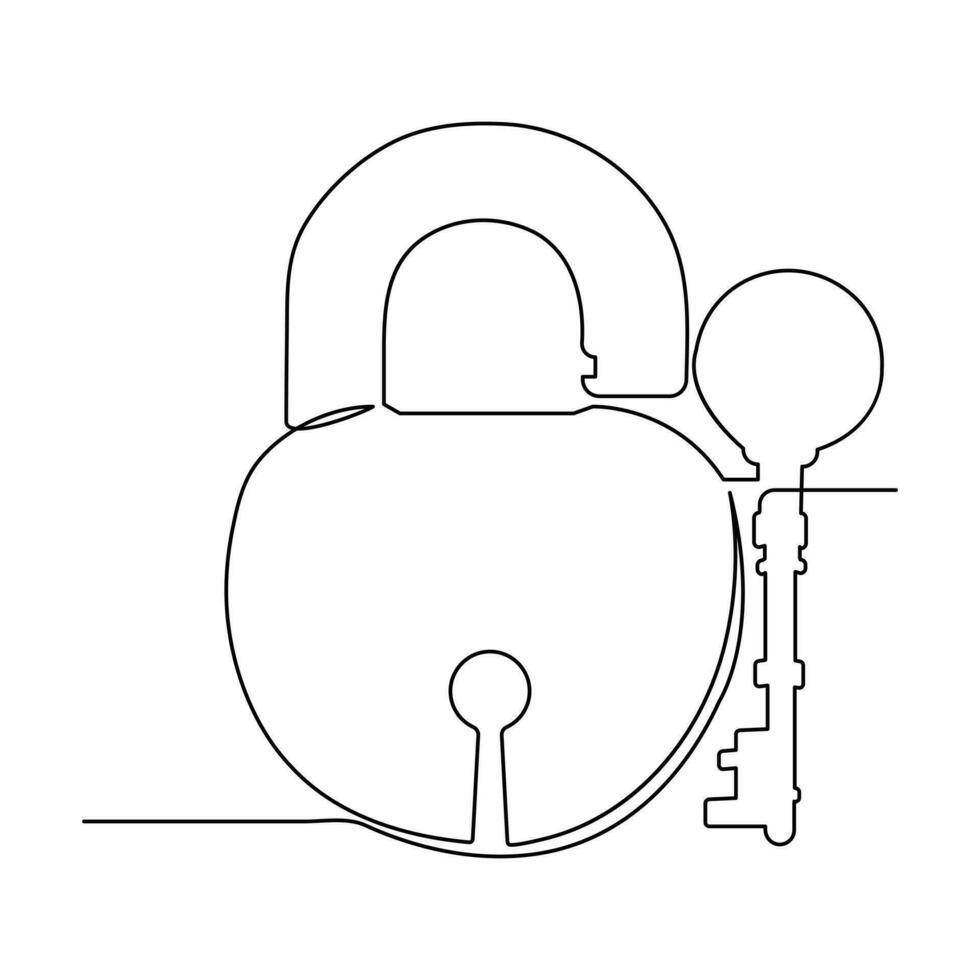 Continuous one line drawing of padlock and key security sign symbol vector illustration