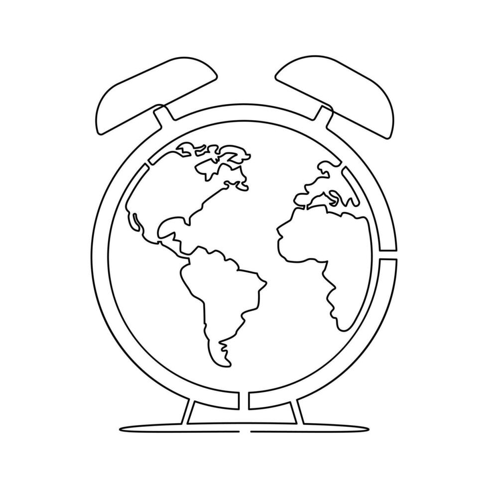 Continuous one line drowing of earth clock and Earth hour concept single line art illustration. vector