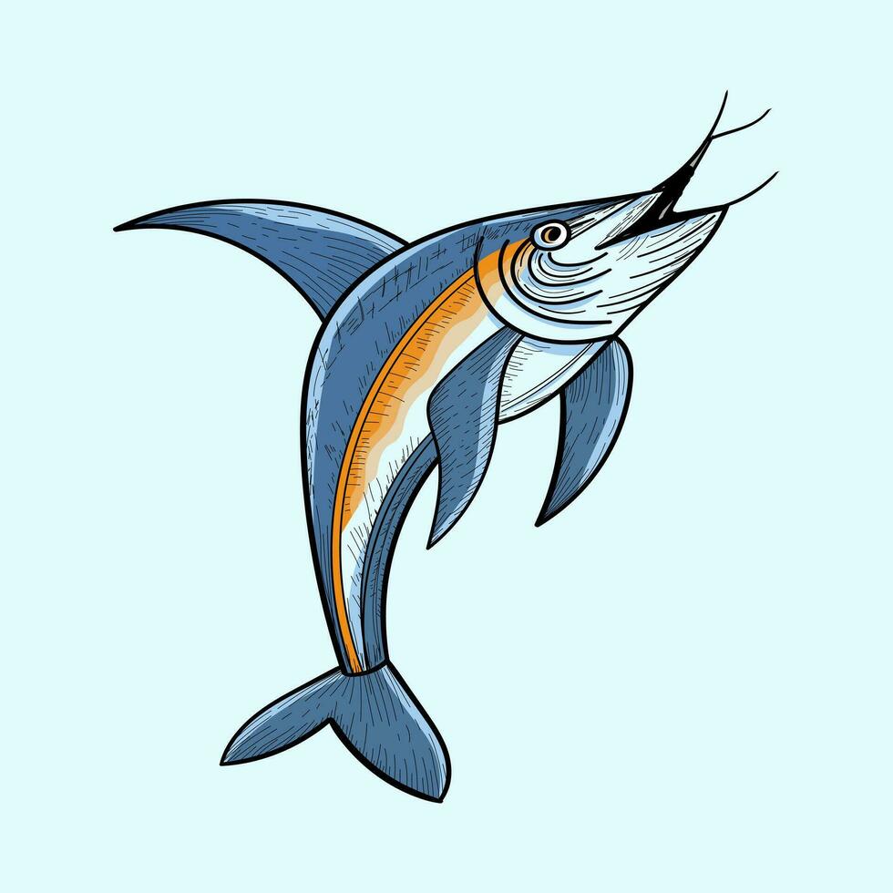 Free blue marlin fish jumping vector illustration design