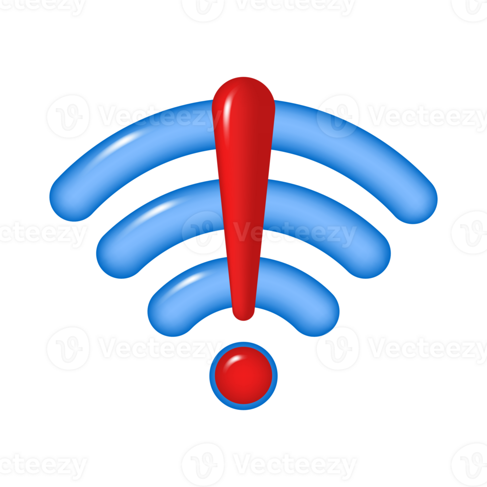 3D WIFI icon with exclamation point, isolated on a transparent background. Wireless internet connection without connection. PNG