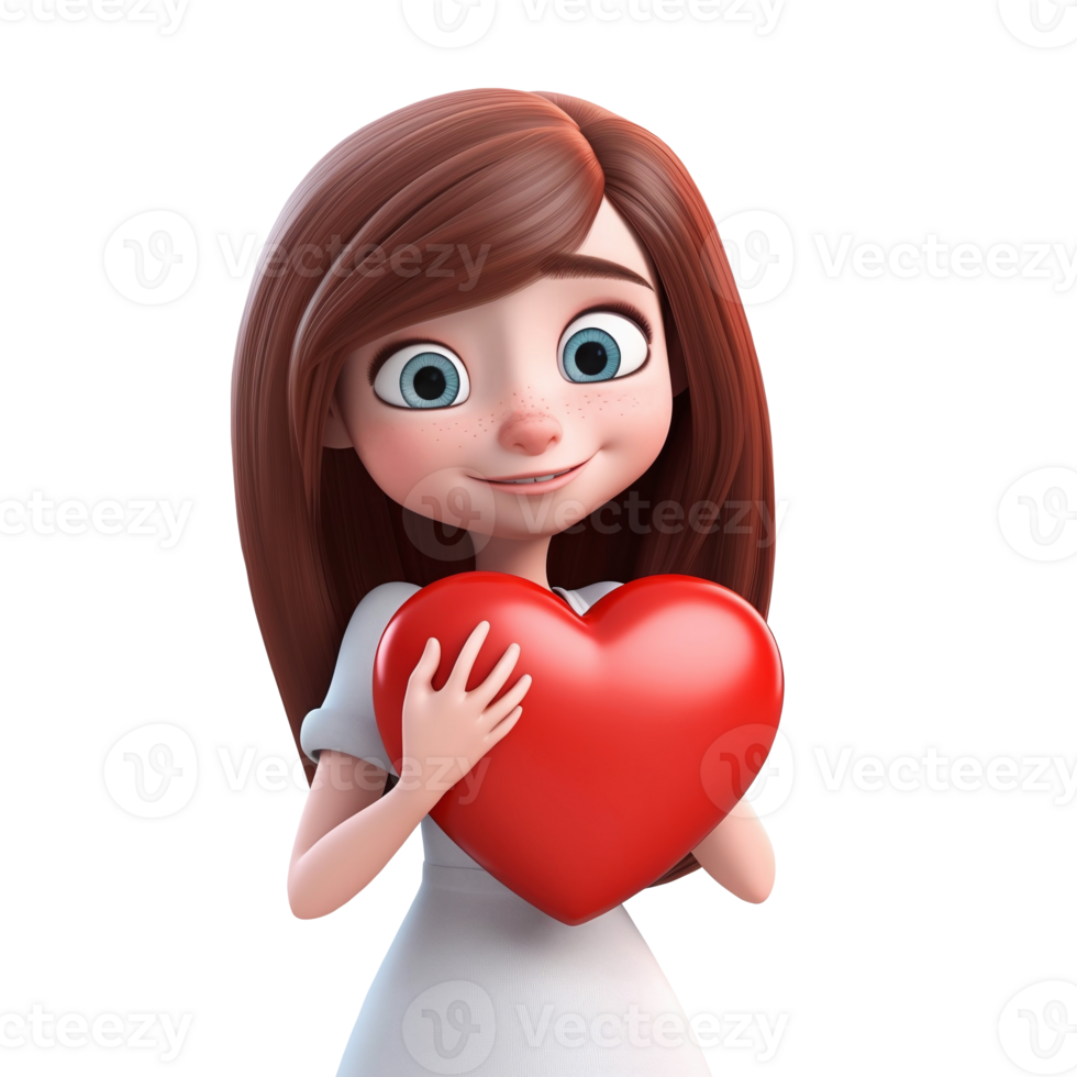 AI generated Cartoon girl holding a big red heart isolated on transparent background. Happy Valentine's day. Copy space. PNG