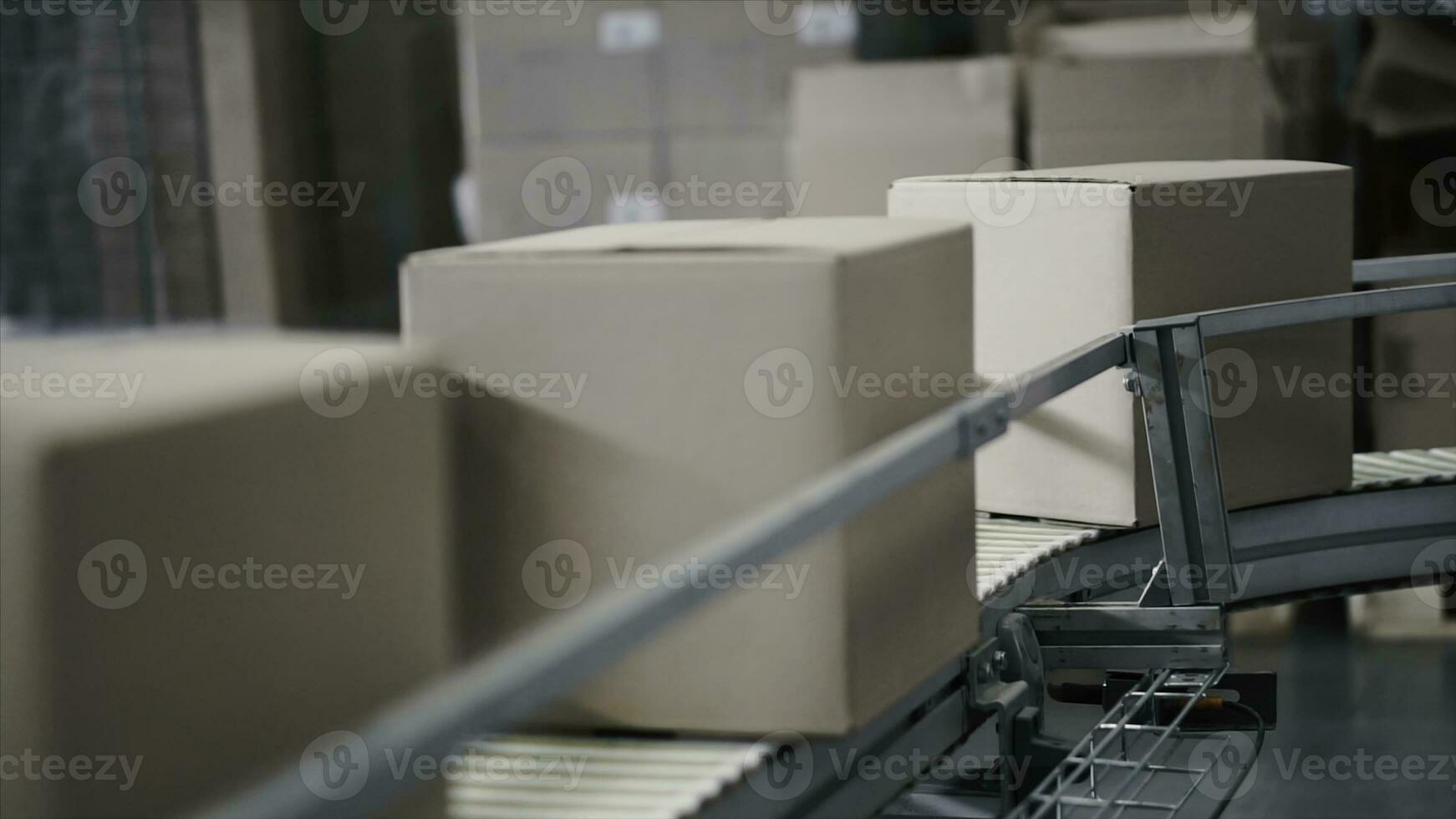 Cardboard boxes on conveyor belt in factory. Clip. Production line on which the boxes move photo