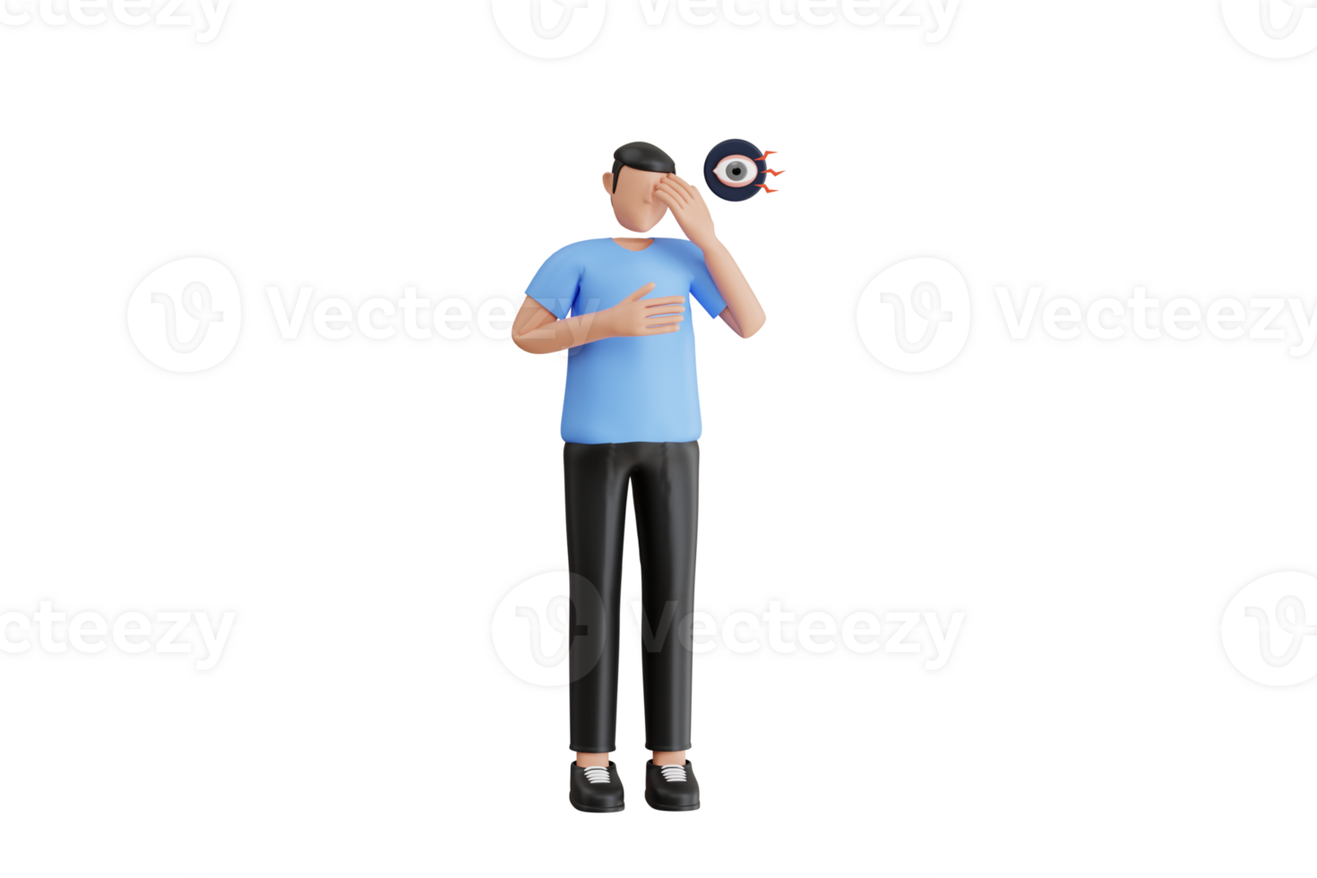 Man with eye redness symptom 3d illustration. Man with eye pain 3d illustration png
