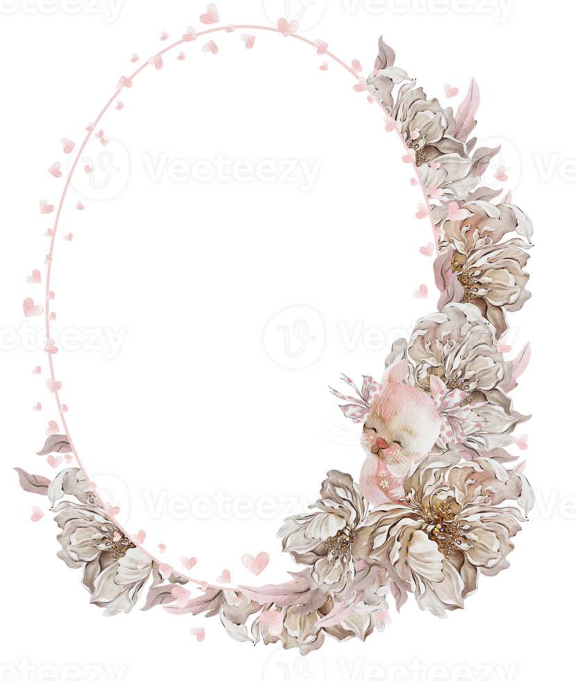 Watercolor card with beautiful peony rose flowers and bunny.Illustration png