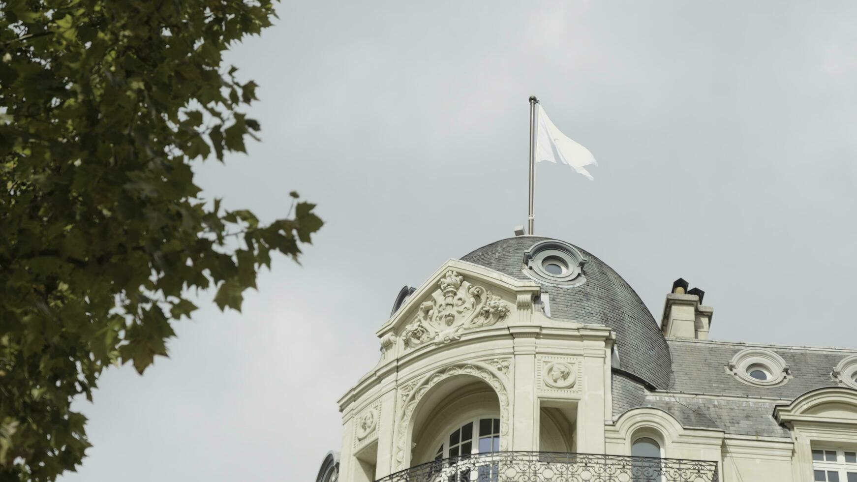 Francia, París - julio 29, 2022. fondo ver de antiguo europeo casa con verde árbol. acción. exterior de antiguo edificio con manzana bandera en París. casa en Campos Elíseos con manzana Tienda foto