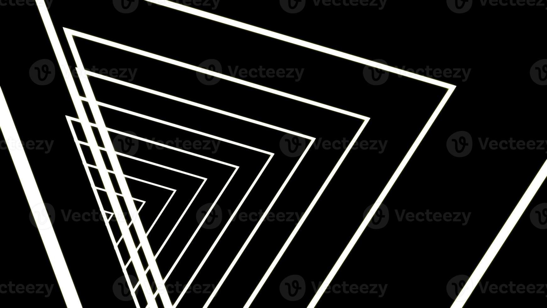 Animation of 3D tunnel of white triangle silhouettes following one by one. Design. Neon glowing geometric shapes in looping motion. photo