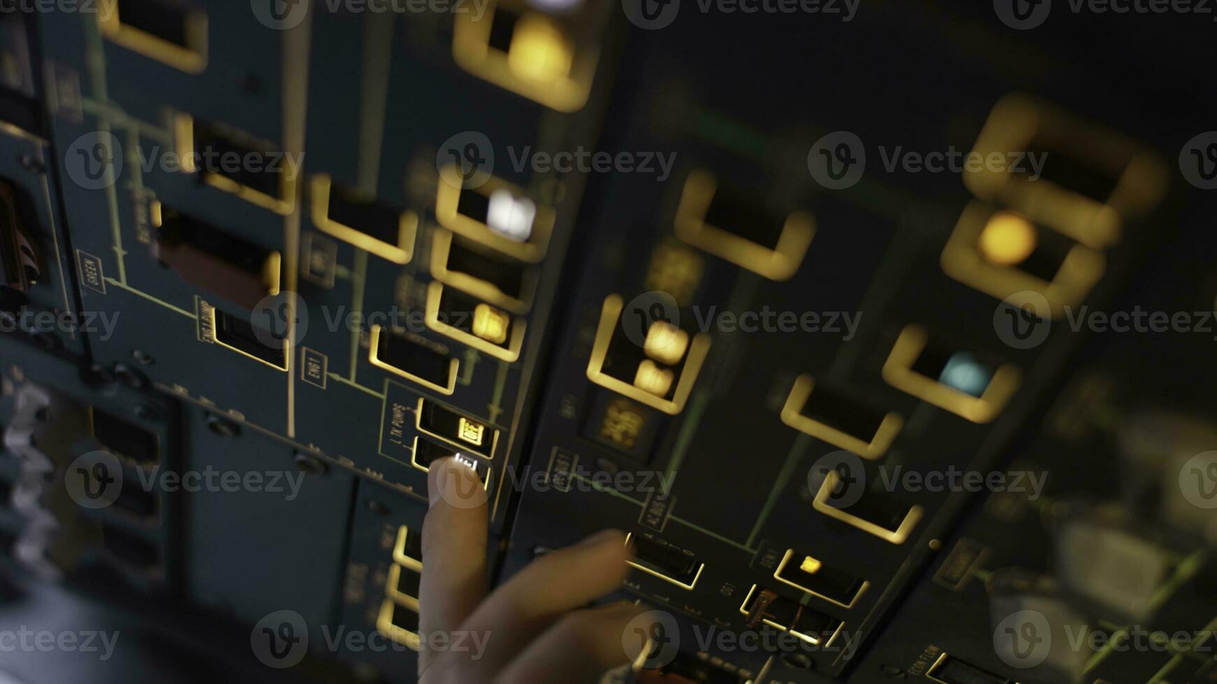 Autopilot control element of an airliner. Panel of switches on an aircraft flight deck. Thrust levers of a twin engined airliner. Pilot controls the aircraft. Onboard computer, cockpit photo
